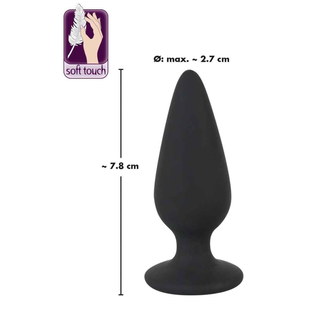 Plug anale nero con base. Punta conica, base rotonda. Dimensioni: ca. 7,8 cm di lunghezza, Ø max. 2,7 cm.