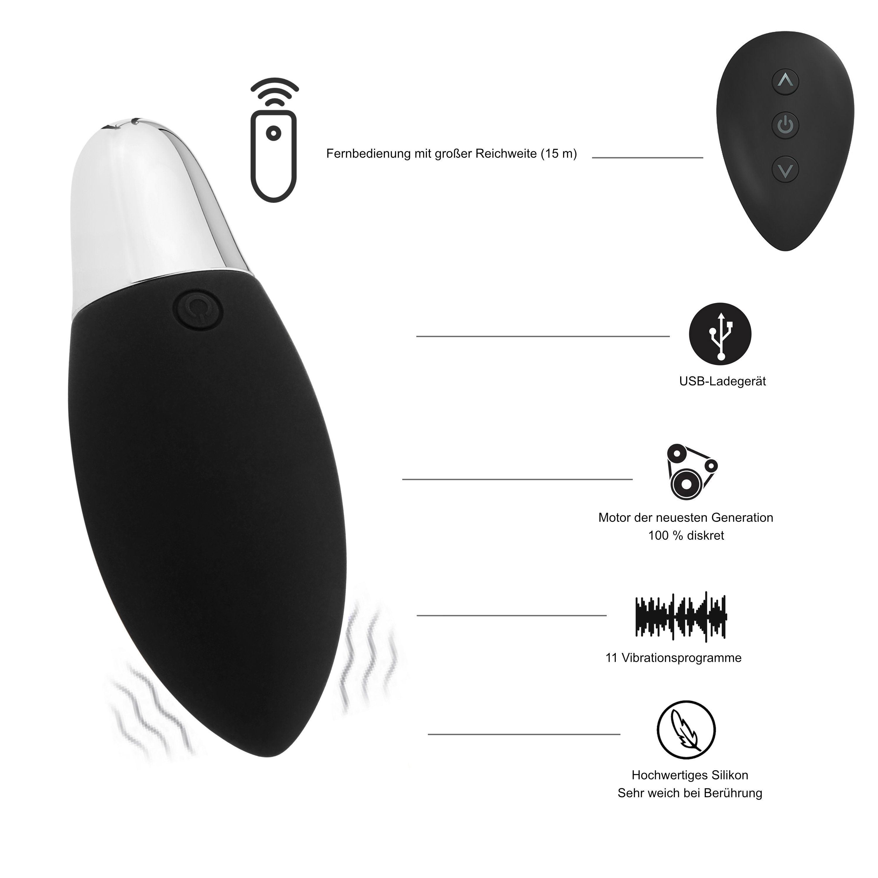 Vibratore nero con telecomando, cavo di ricarica USB, 11 programmi di vibrazione.