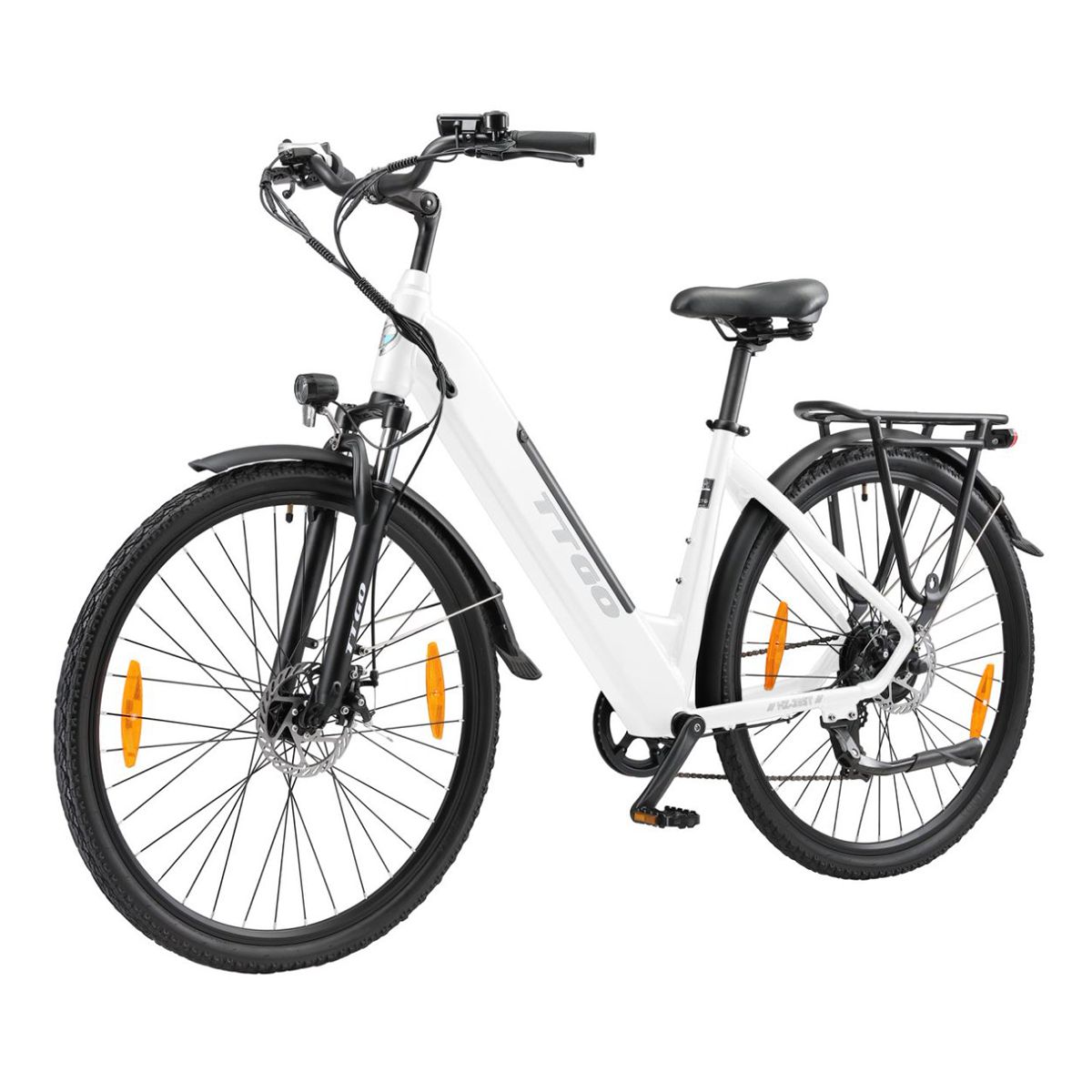 E-bike bianca con elementi neri. Logo TTGO sul telaio. Portapacchi, parafanghi e catarifrangenti arancioni.