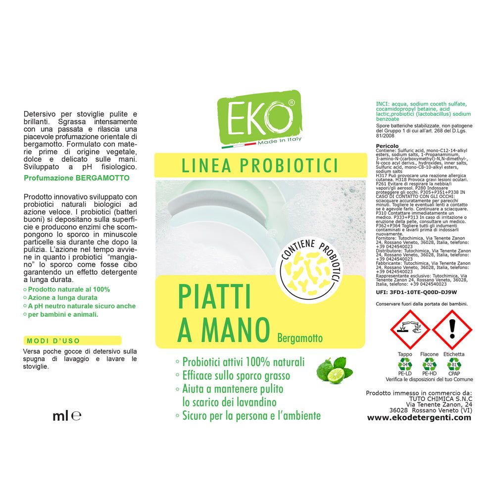 Etichetta EKO con testo "Linea Probiotici" e "Piatti a Mano". Logo verde. Informazioni prodotto e ingredienti.
