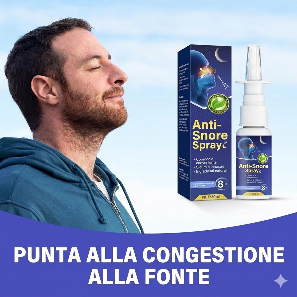 Uomo che respira, spray nasale e confezione. Scritta: Anti-Snore Spray. Sfondo: cielo blu.