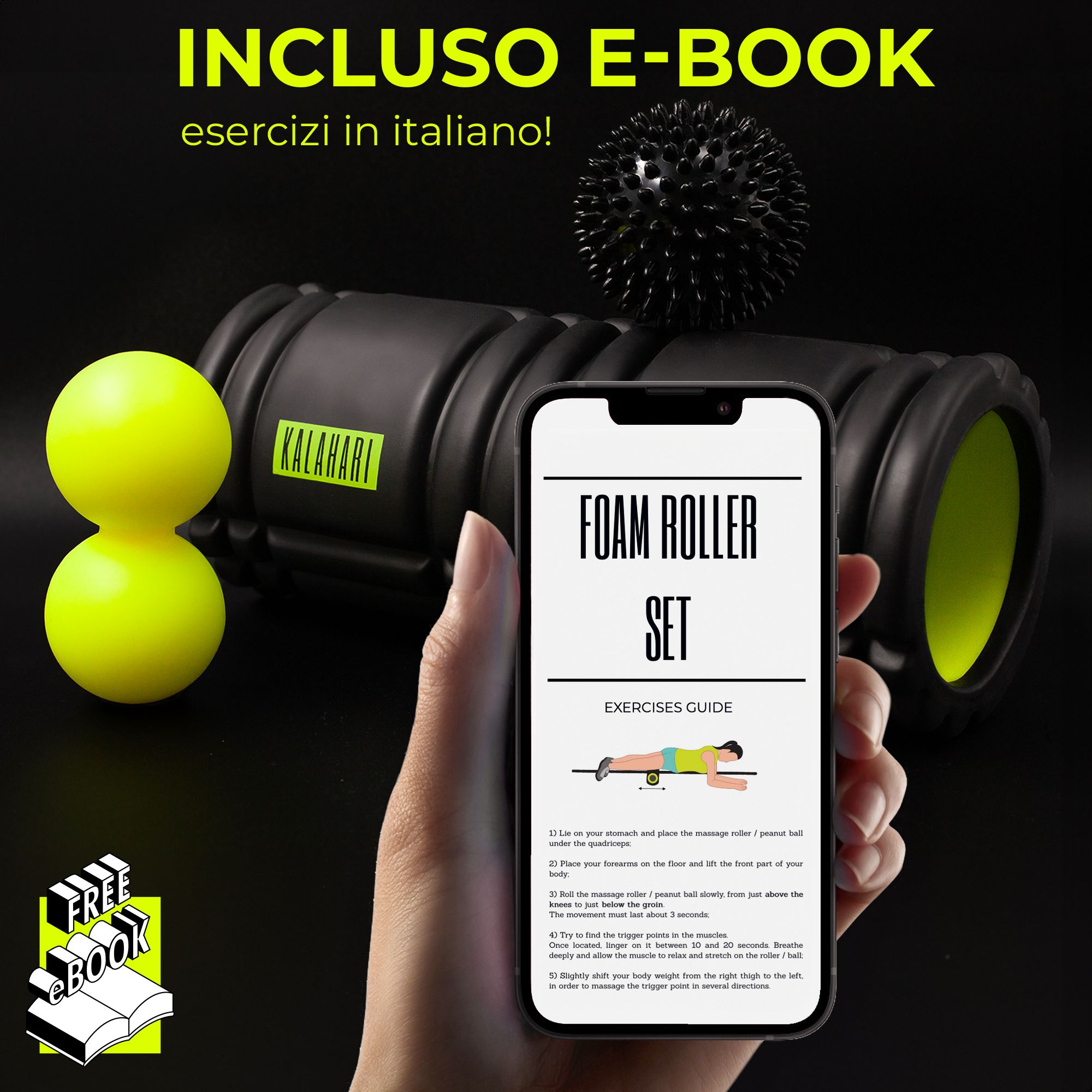 Rullo fasciale con telefono che mostra un e-book di esercizi.