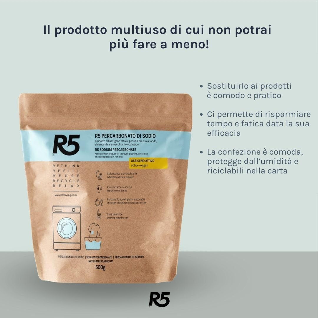 Confezione di R5 Percarbonato di Sodio. Imballaggio marrone con fascia blu e testo bianco. 500g.