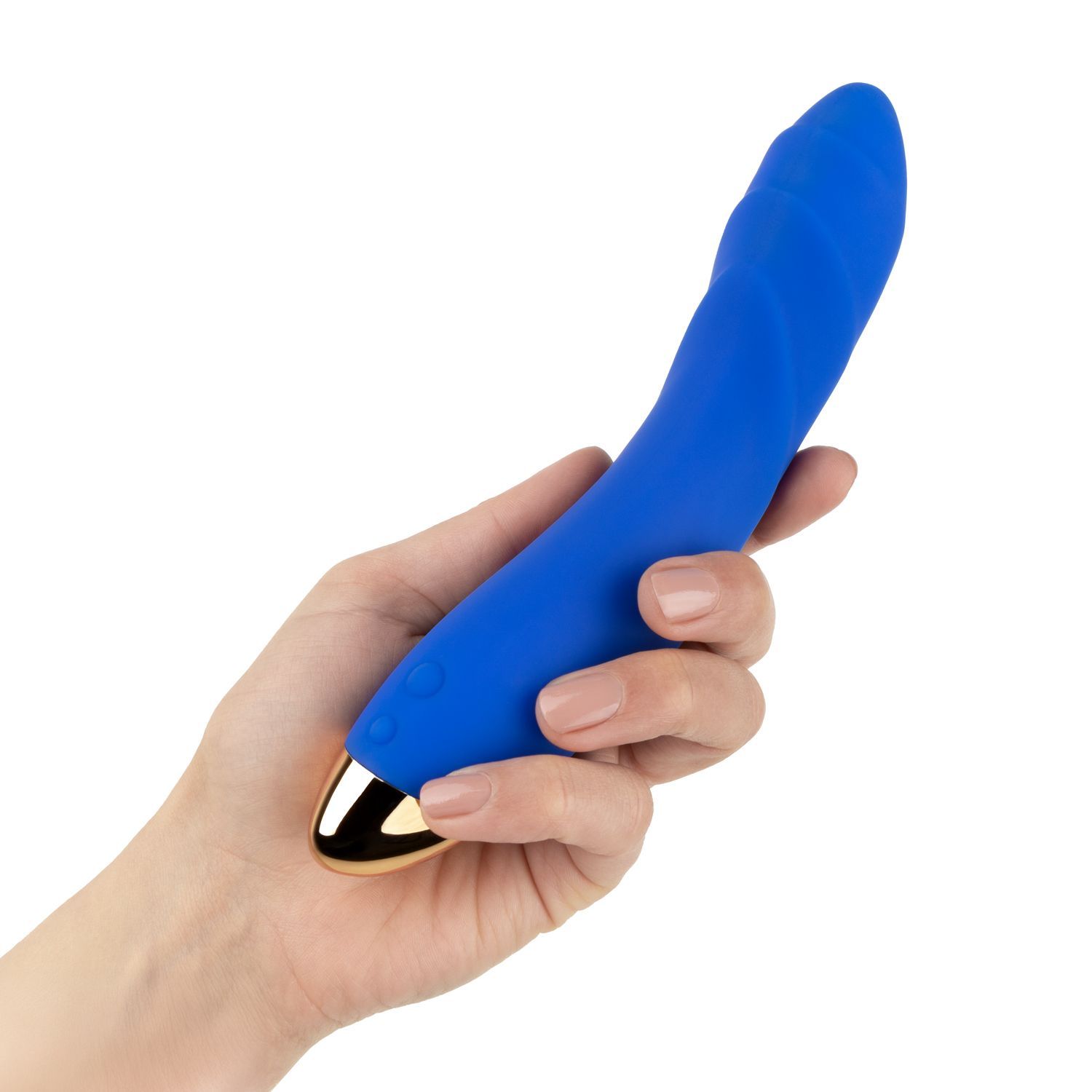 Vibratore blu con punta dorata, tenuto in una mano.