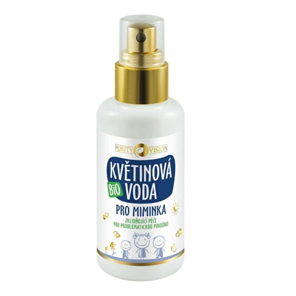 Flacone spray bianco con tappo dorato. Etichetta con scritte blu e verdi e illustrazioni di bambini.