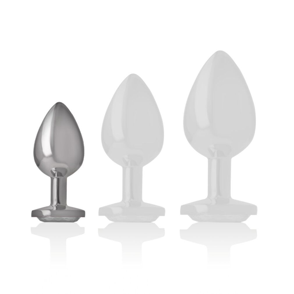 Tre anal plug. Uno in metallo, due in plastica trasparente. Diverse dimensioni.