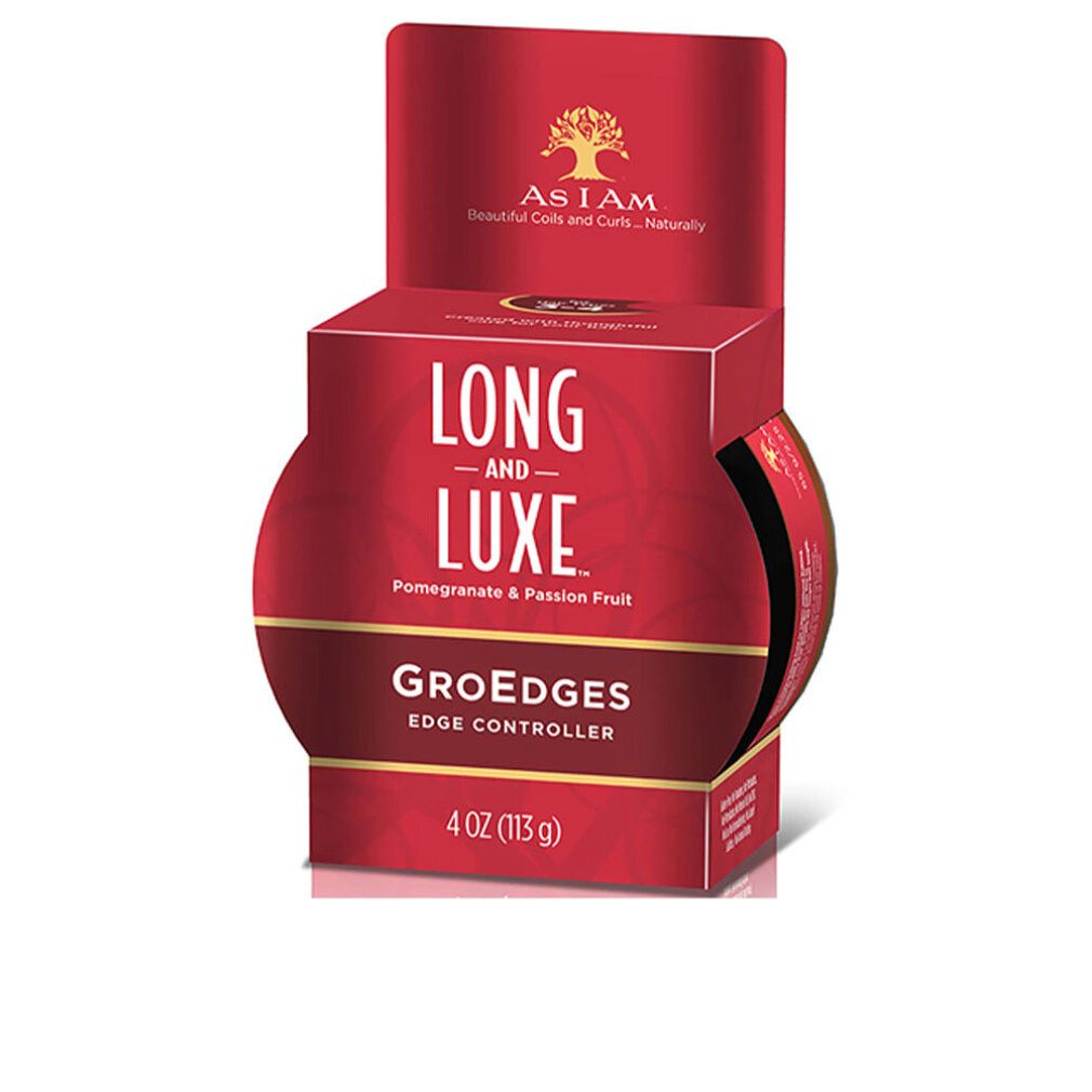 Confezione rossa con scritta « LONG AND LUXE ». Contiene « GroEdges Edge Controller ». 4 OZ (113 g).