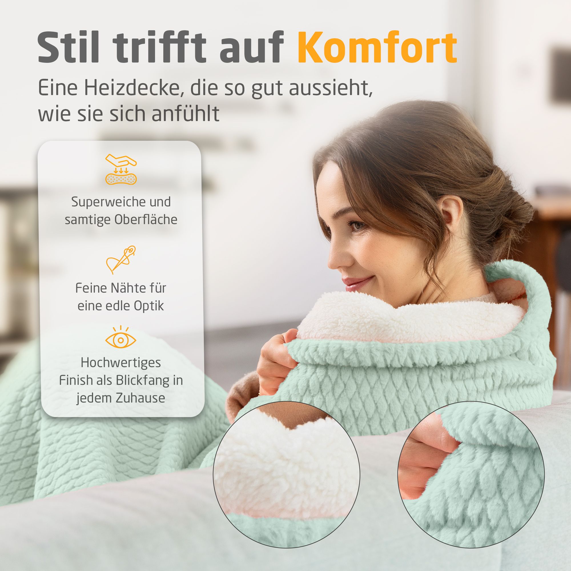 Donna con coperta termica, verde savage. Superficie super morbida. Cuciture fini. Finitura di alta qualità. Testo: Stile e comfort.