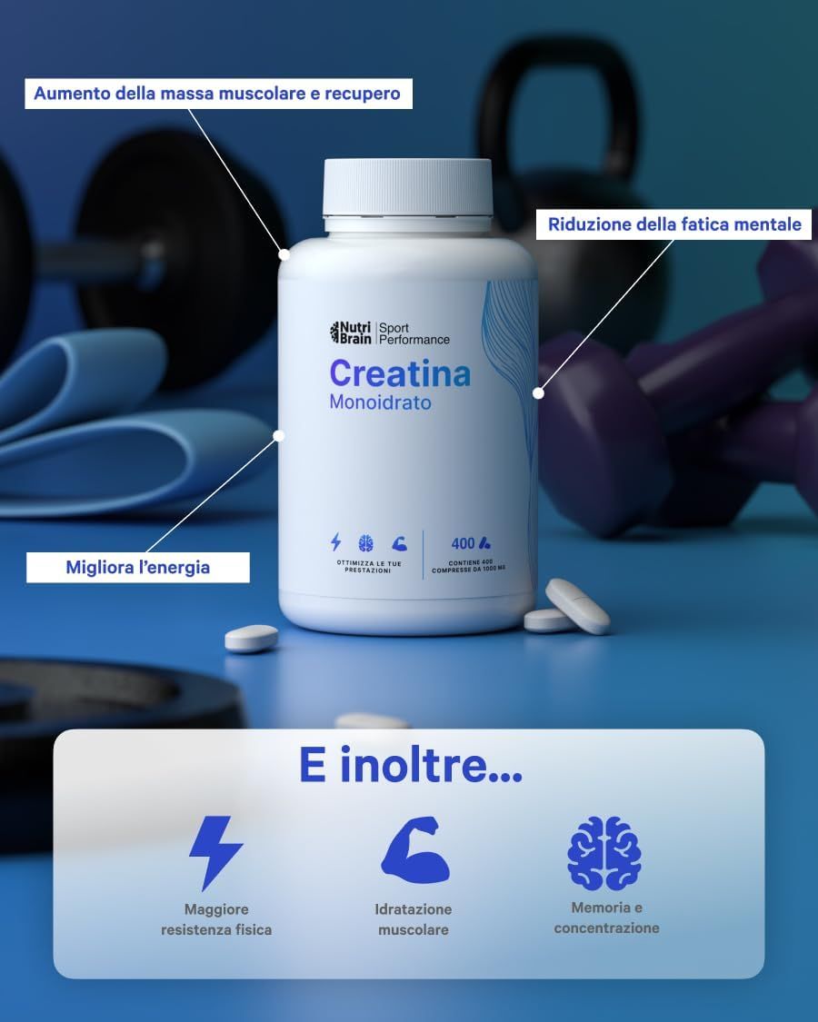 Flacone di creatina monoidrato con informazioni su performance ed energia.