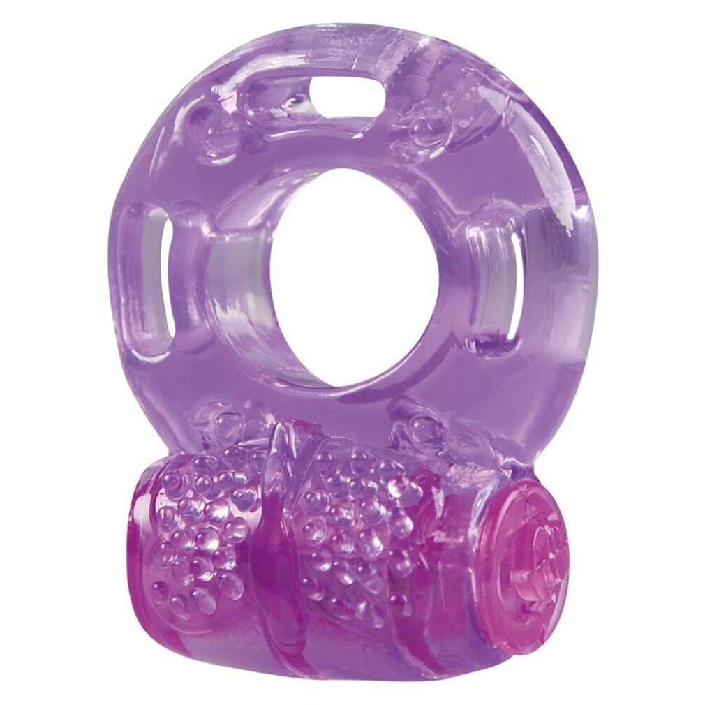 Anello per pene viola con elemento vibrante e nodi. Forma anulare con aperture.