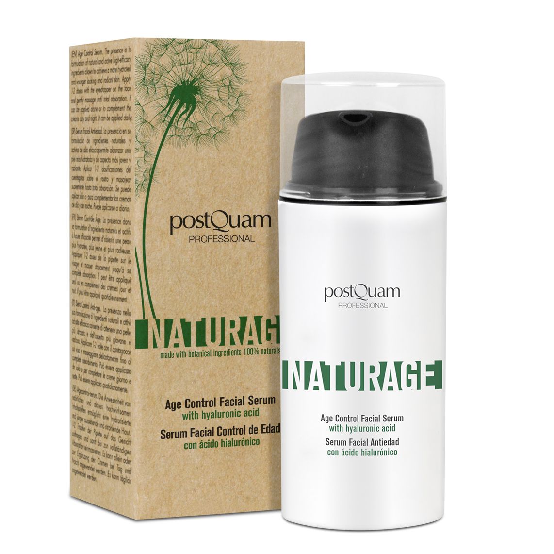 Flacone di siero e confezione in cartone. Scritte: Postquam, INATURAGE, Age Control Facial Serum. Confezione in cartone marrone.