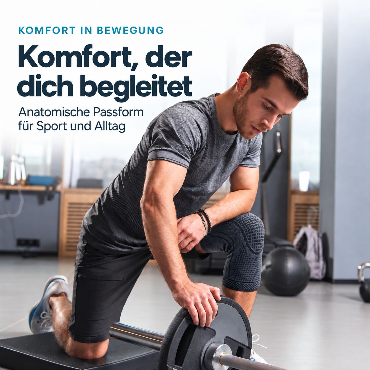 Uomo in palestra con ginocchiera, posiziona un peso su un bilanciere. Vestibilità anatomica per sport e vita quotidiana.
