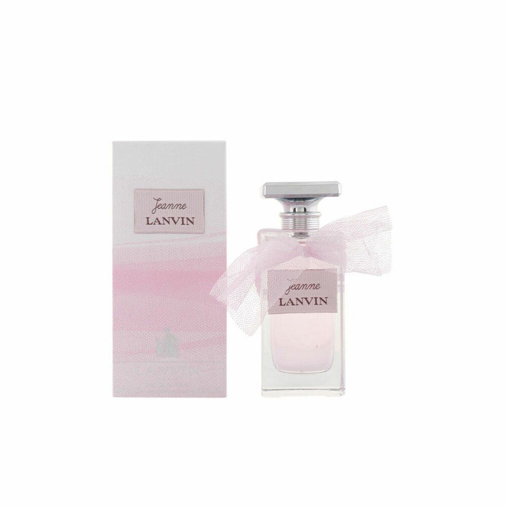 Flacone in vetro e confezione. Flacone con liquido rosa. Confezione bianca con sfumatura rosa. Scritta: Jeanne LANVIN.