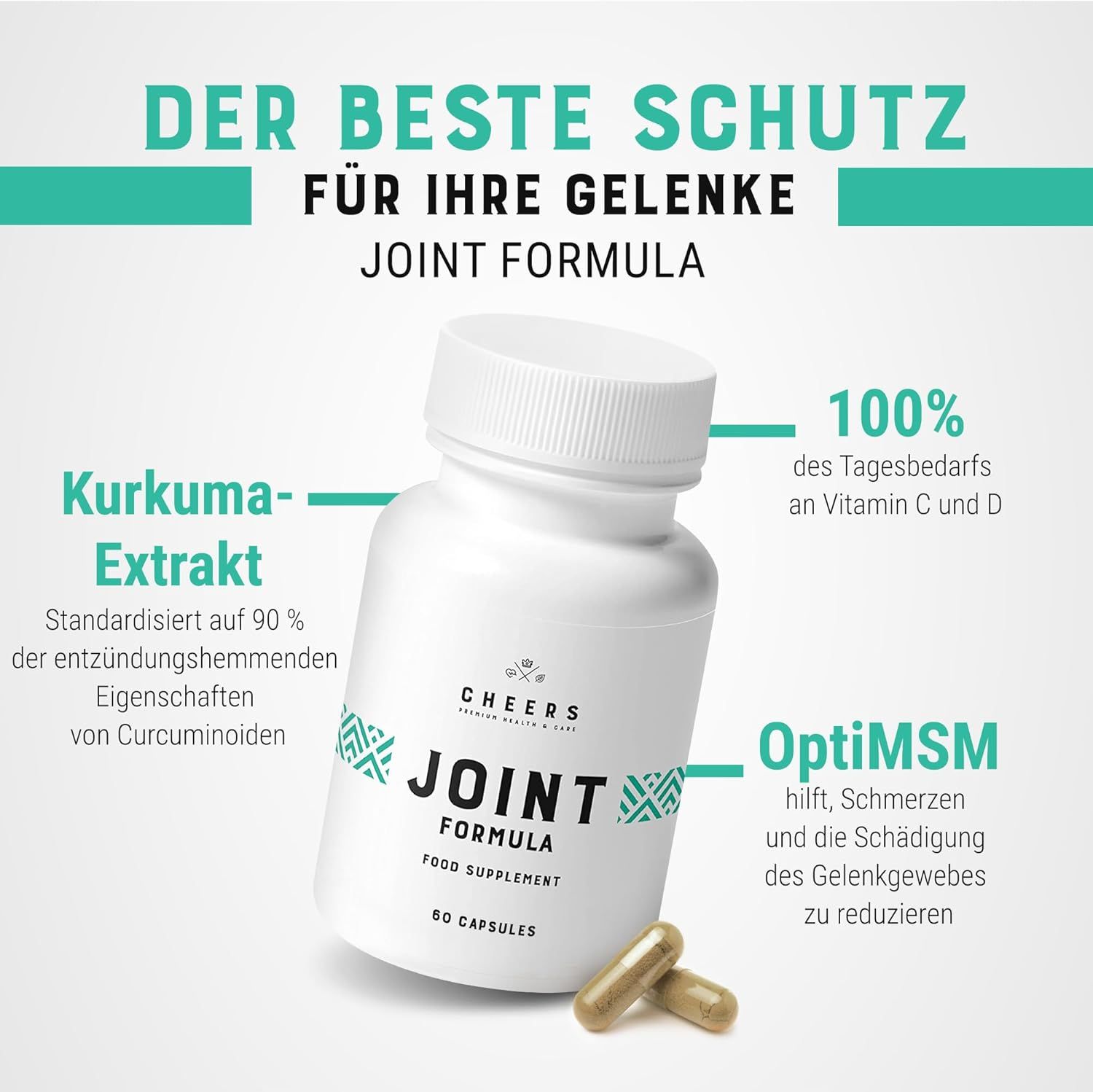 Flacone bianco con capsule. Scritta: JOINT FORMULA. Contiene estratto di curcuma, OptiMSM, vitamine C e D.