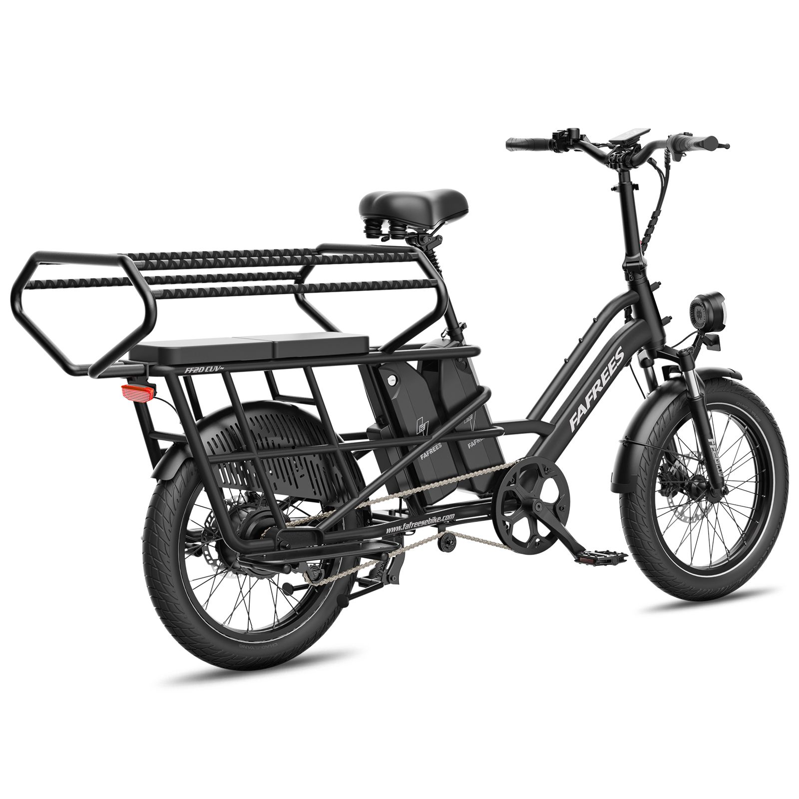 Vista posteriore di una bicicletta elettrica Fafrees FF20 CUV nera con due batterie e ampio portapacchi.