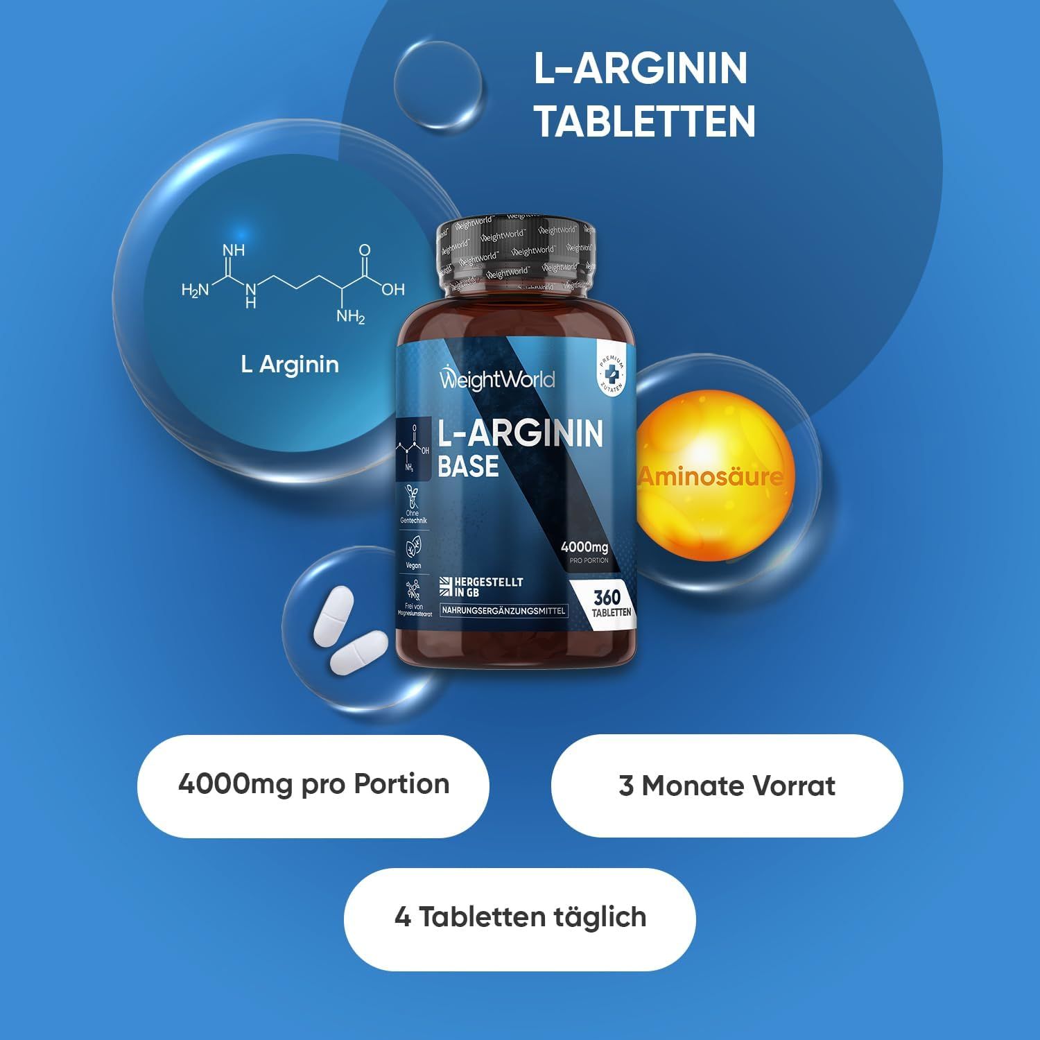 Flacone marrone di compresse L-Arginina Base. Contiene 360 compresse. Scritte: 4000mg per porzione, 3 mesi di scorta, 4 compresse al giorno.