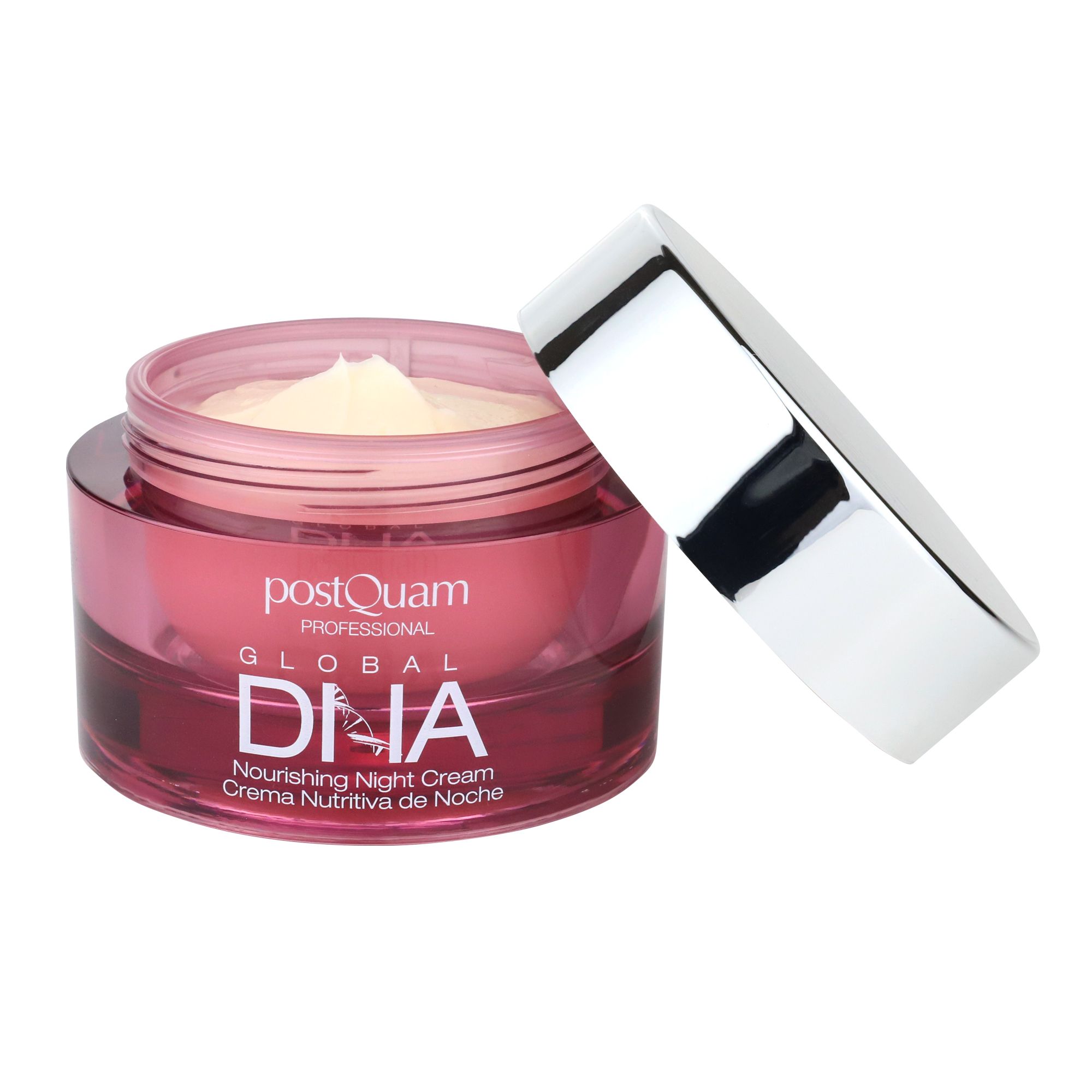 Vaso aperto con crema. Scritta: Postquam Professional DNA Nourishing Night Cream. Coperchio argentato accanto.