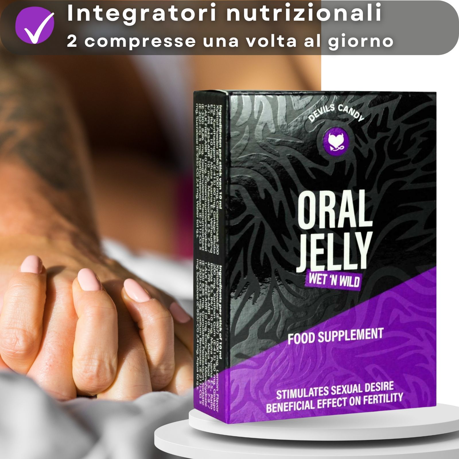 Confezione del prodotto con testo. Mani che si toccano. Testo: Oral Jelly, Food Supplement.