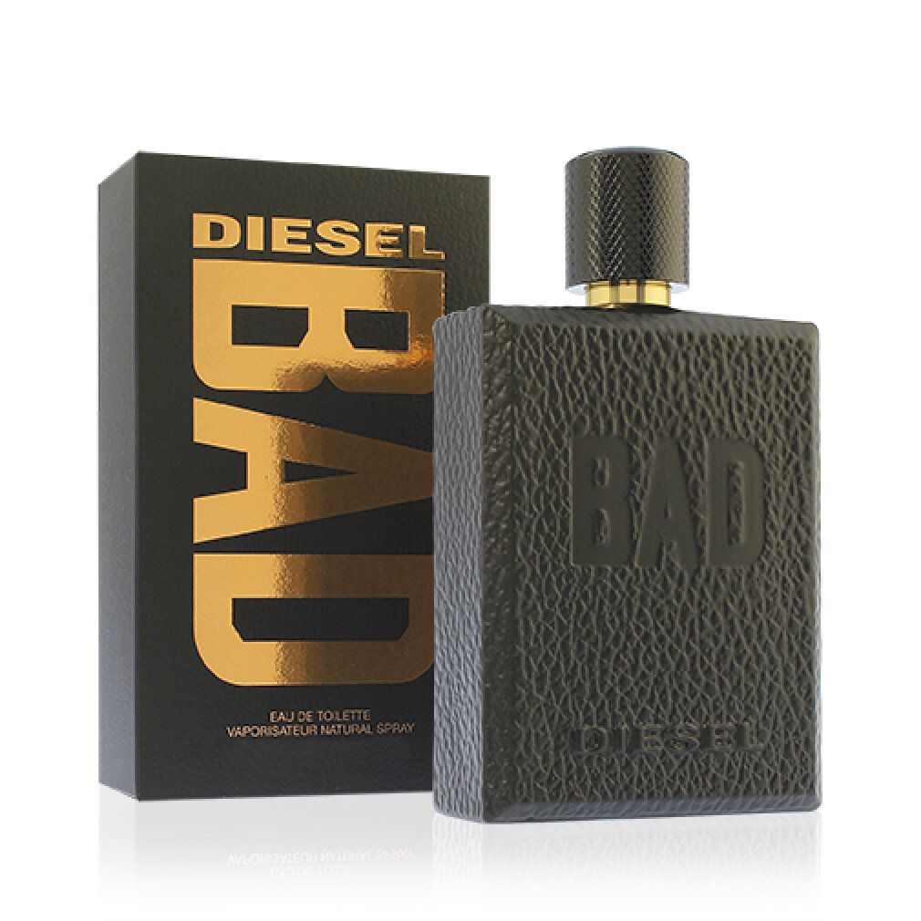 Flacone e scatola neri con scritta dorata "BAD" e "DIESEL".