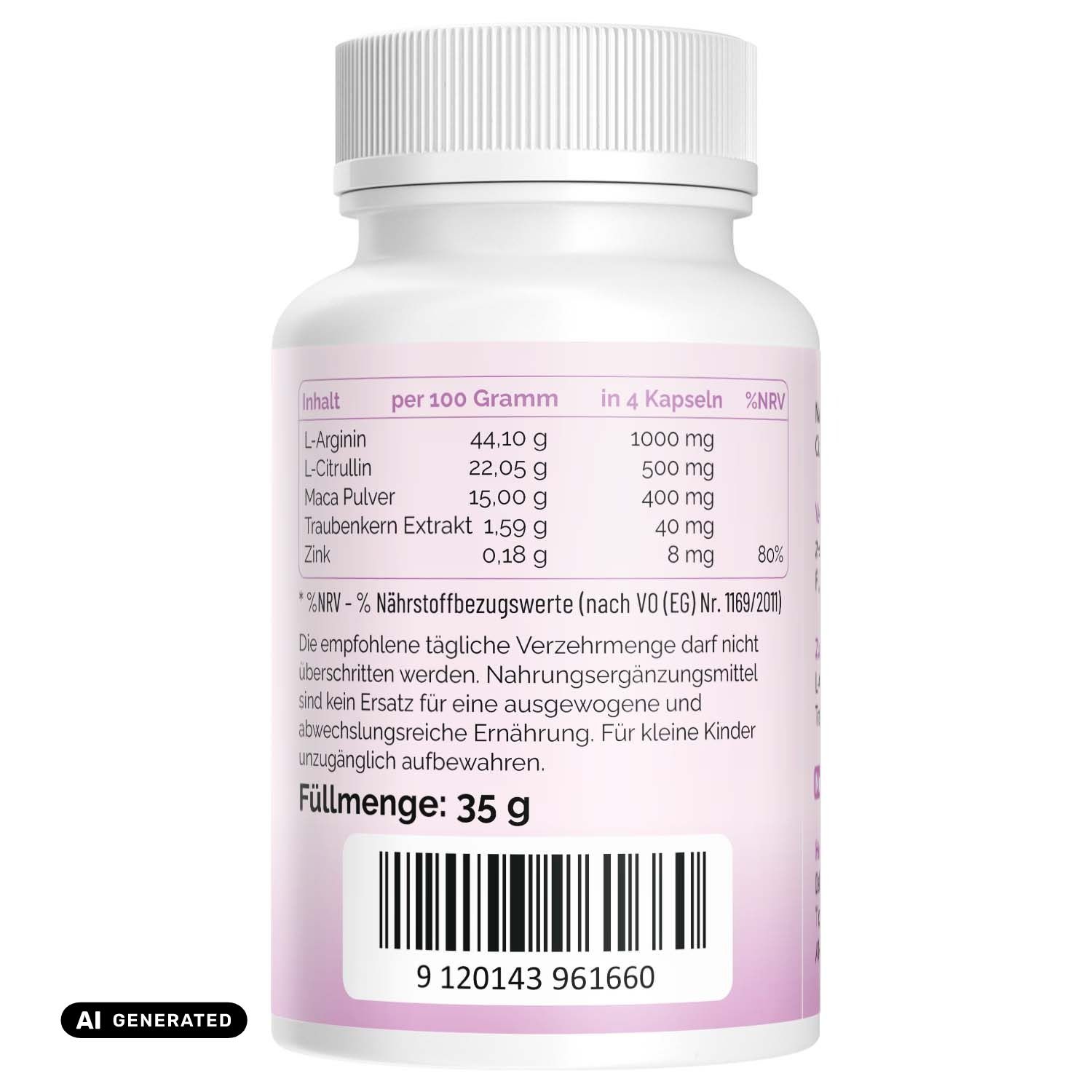 Flacone di capsule, retro con informazioni nutrizionali e ingredienti come L-Arginina, L-Citrullina, Maca in polvere, estratto di semi d'uva e zinco. Contenuto 35 g.