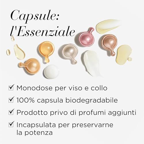 Primo piano di capsule di siero e creme. Diversi colori e forme. Testo: Monodose per viso e collo, 100% capsula biodegradabile.