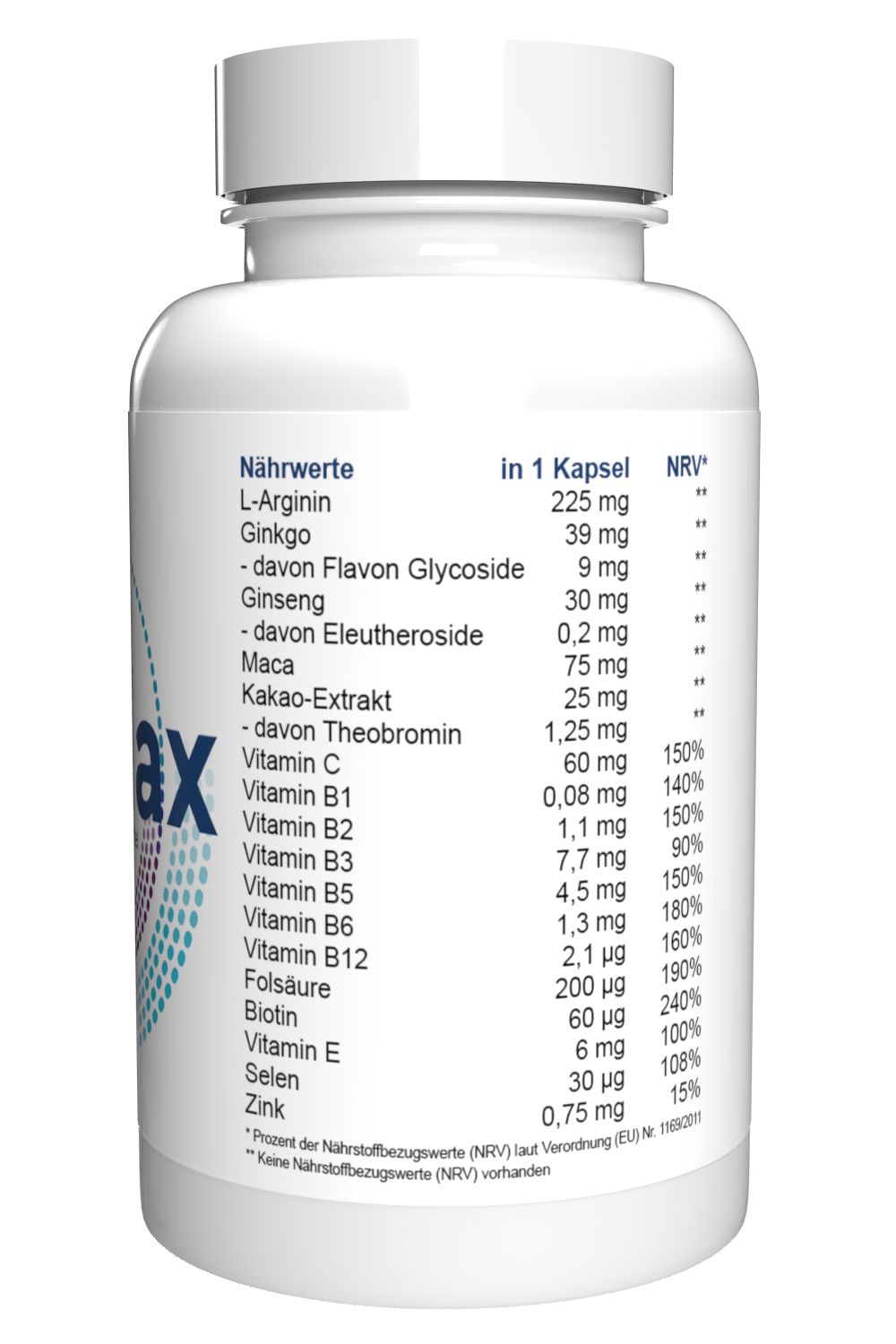 Flacone bianco Oculax. Tabella nutrizionale con ingredienti per capsula. Contiene informazioni su vitamine e minerali.