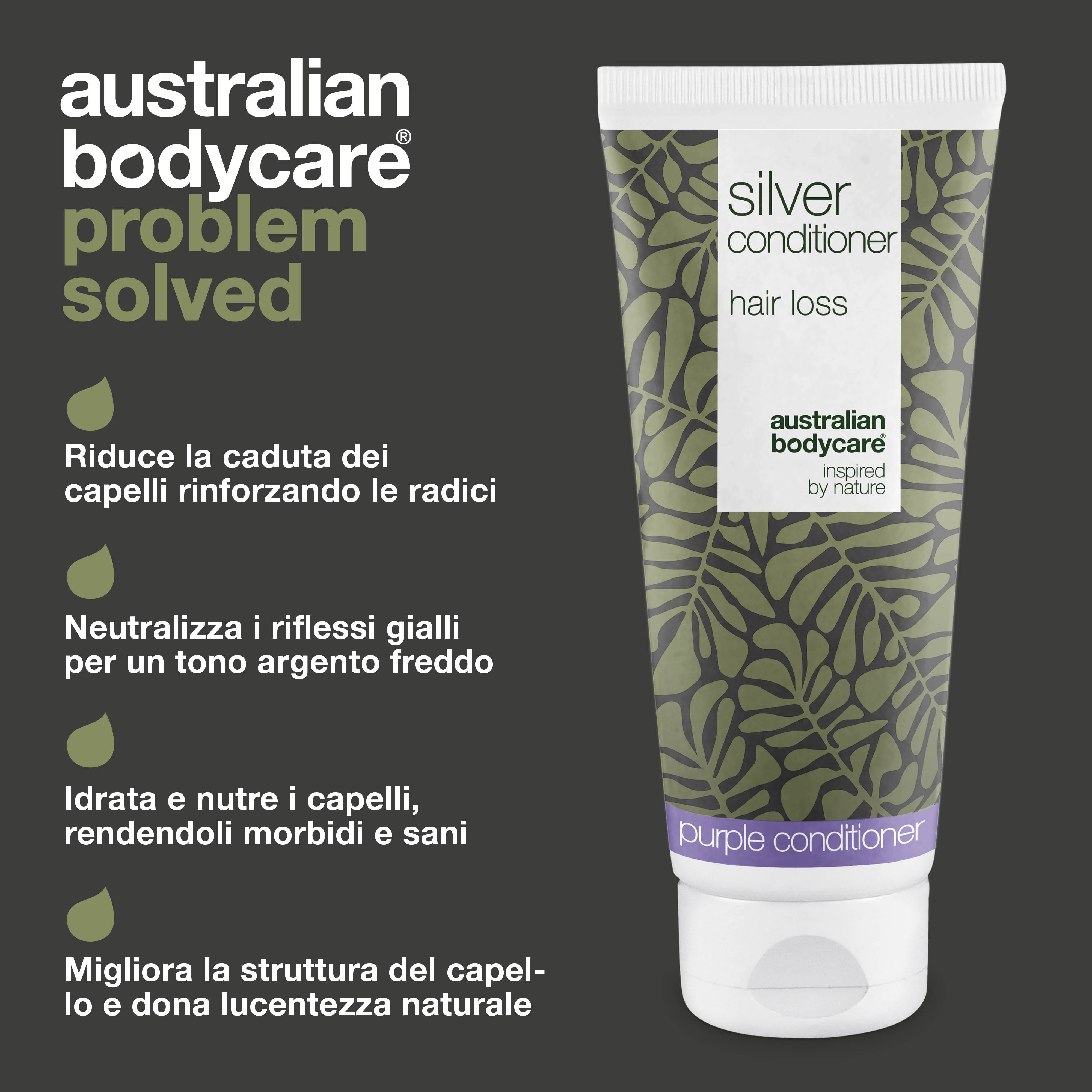 Tubo di balsamo. Testo: Silver Conditioner, caduta dei capelli. Marchio: Australian Bodycare. Testo: Problema risolto.