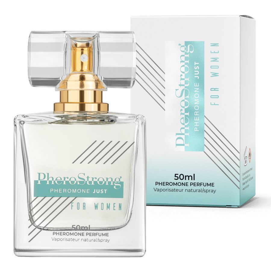 PheroStrong Profumo feromoni per donna, flacone da 50ml con spray e confezione.