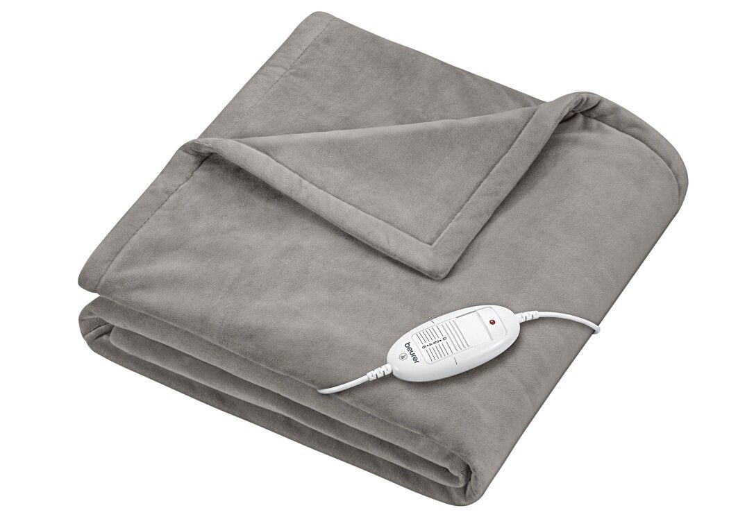 Coperta termica grigia piegata. Forma rettangolare. Cavo con comando. Logo Beurer.