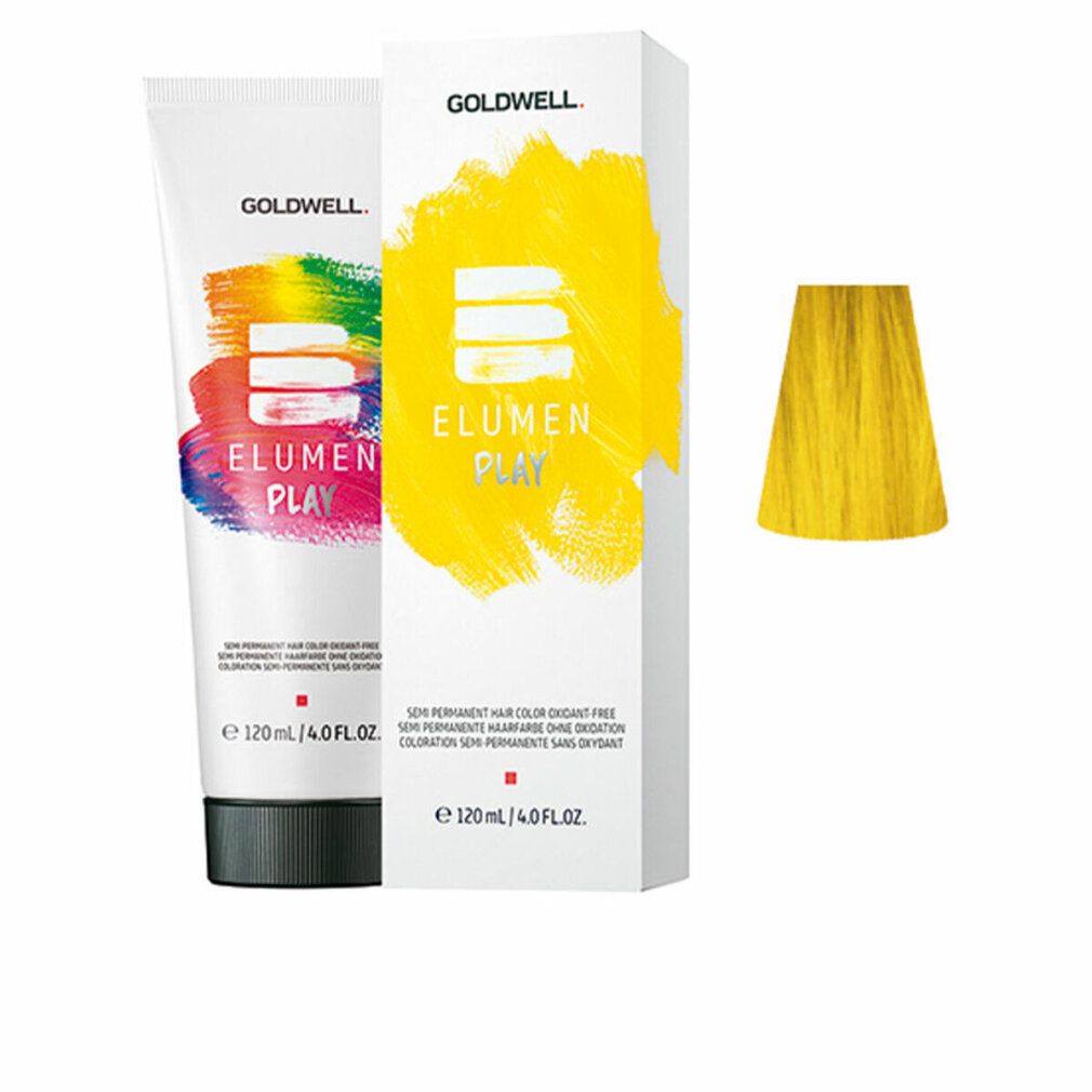 Tubo e scatola Goldwell Elumen Play. Tinta gialla. Nome e logo del prodotto. 120 ml/4.0 fl.oz. Ciocca di capelli.