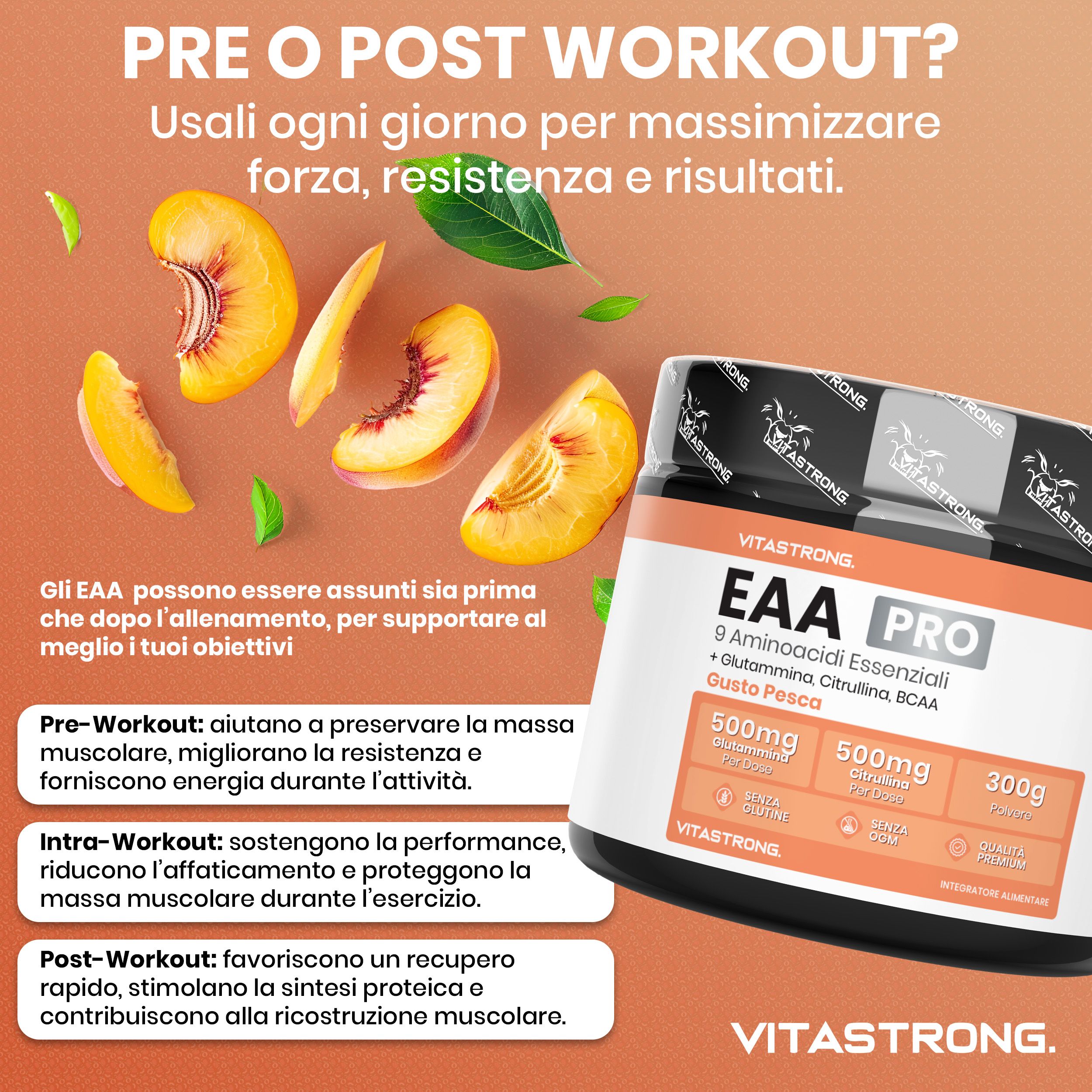 Vitastrong EAA Pro, barattolo. 9 aminoacidi, BCAA, glutammina. Gusto pesca. Pesche e testo.