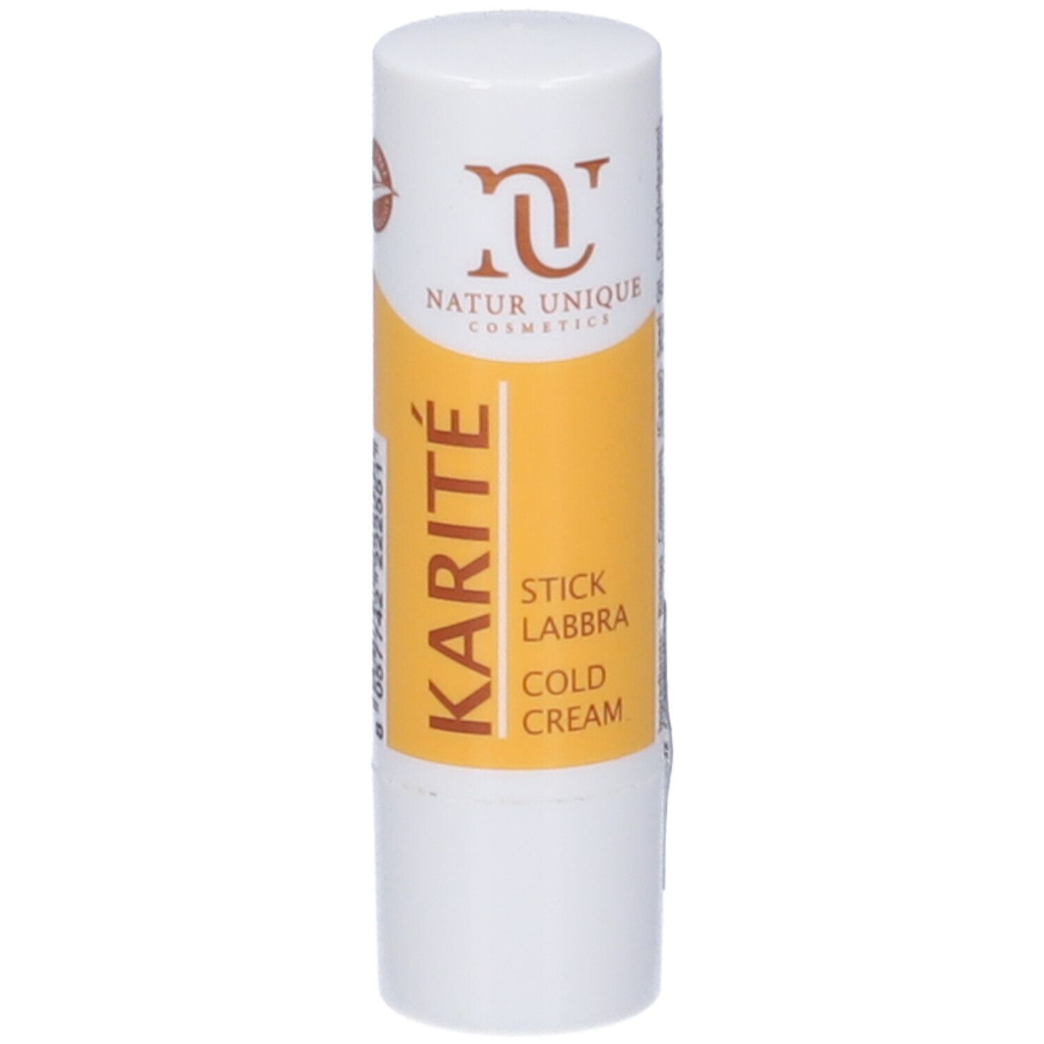 Stick labbra bianco con etichetta gialla. Contiene testo: KARITÉ, STICK LABBRA, COLD CREAM. Logo: Natur Unique Cosmetics.