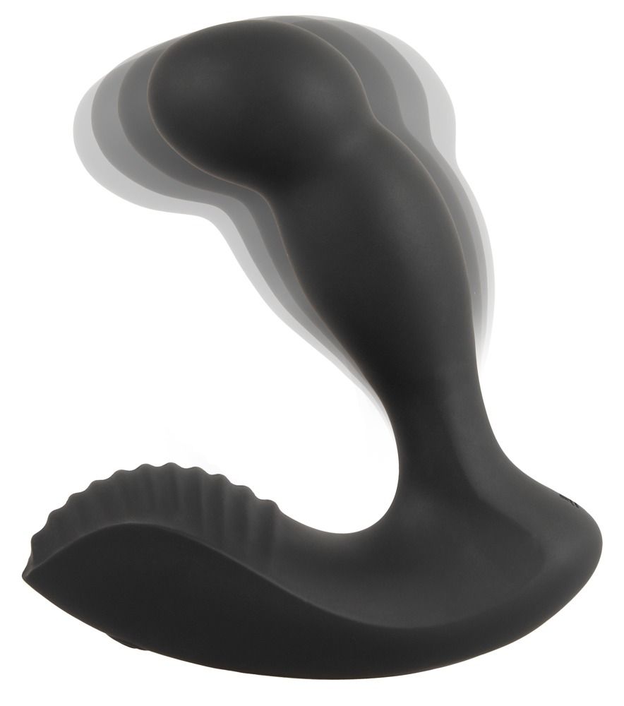 Stimolatore prostatico nero con effetto mosso. Forma curva, base scanalata e testa rotonda. La testa è leggermente sfocata.
