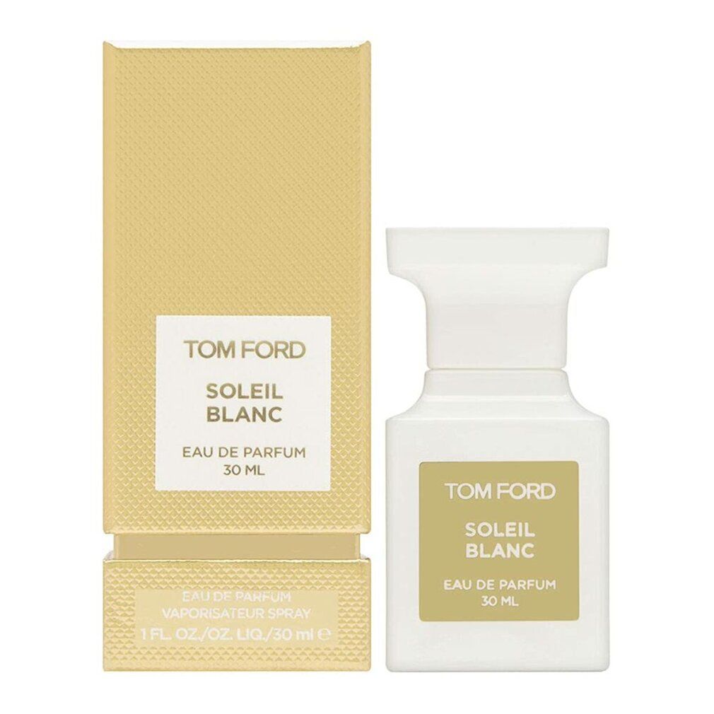 Flacone bianco e confezione dorata. Scritta: TOM FORD, SOLEIL BLANC, Eau de Parfum 30 ml. Scatola goffrata.