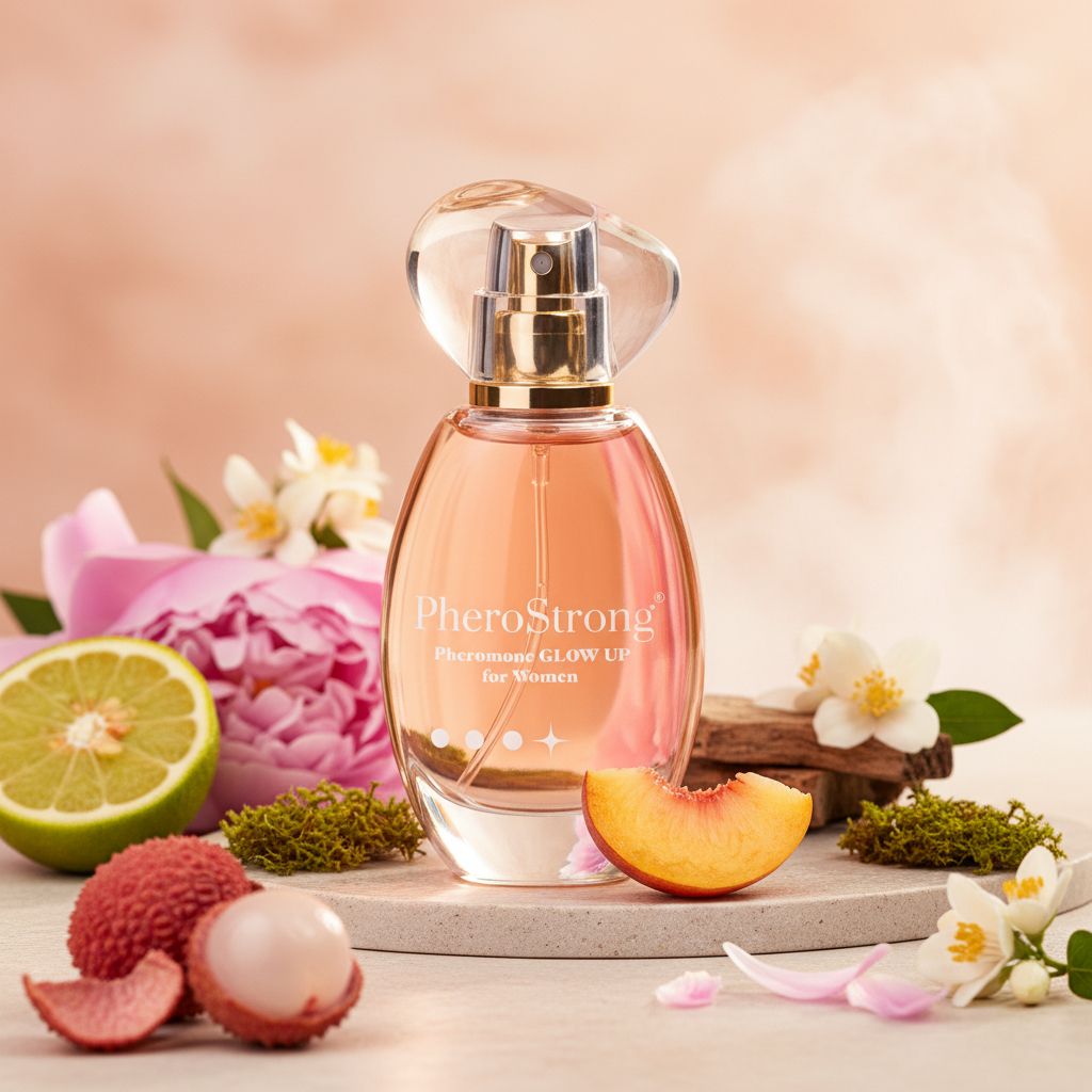 Flacone di profumo PheroStrong Pheromone GLOW UP for Women e confezione.