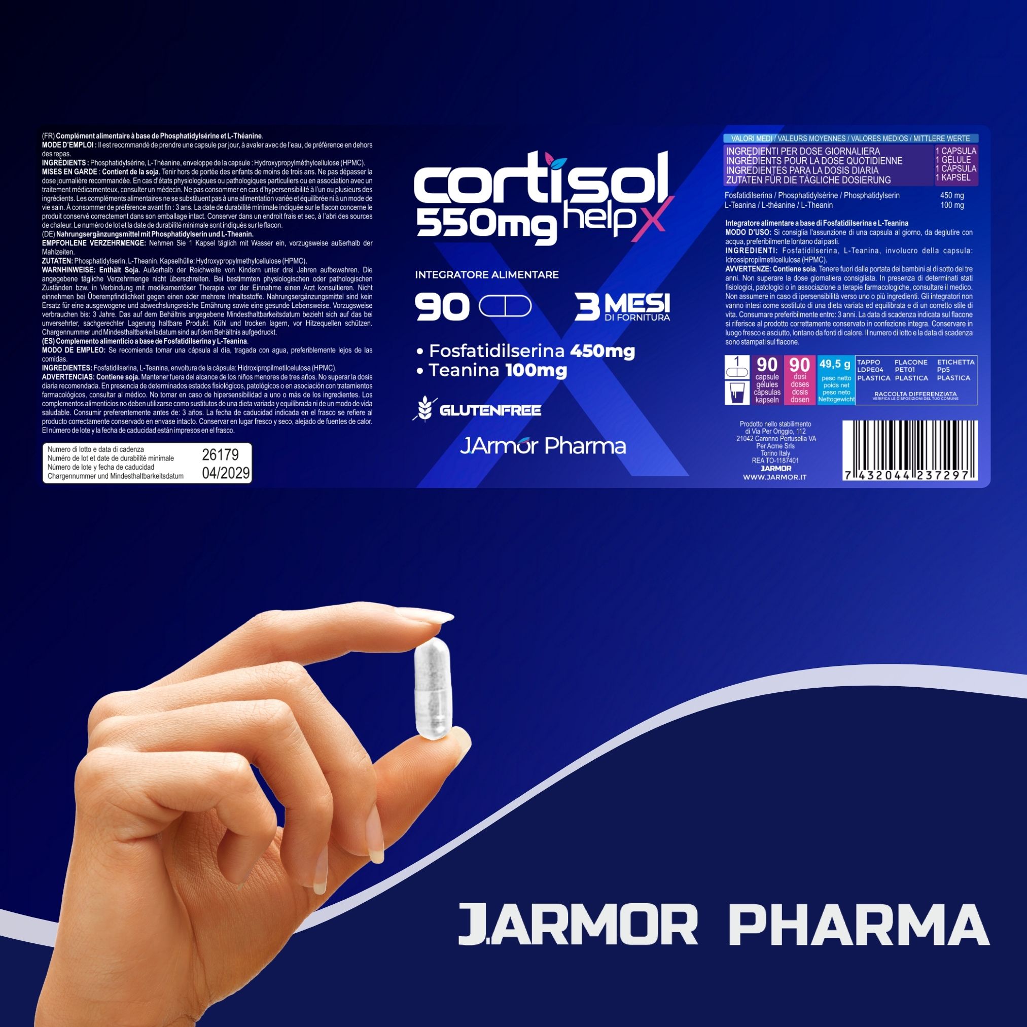 Mano tiene capsula. Scritta: Cortisol helpX, 550mg, 90 capsule, 3 mesi. Contiene fosfatidilserina e L-teanina. Marchio: JArmor Pharma. Etichetta con ingredienti.