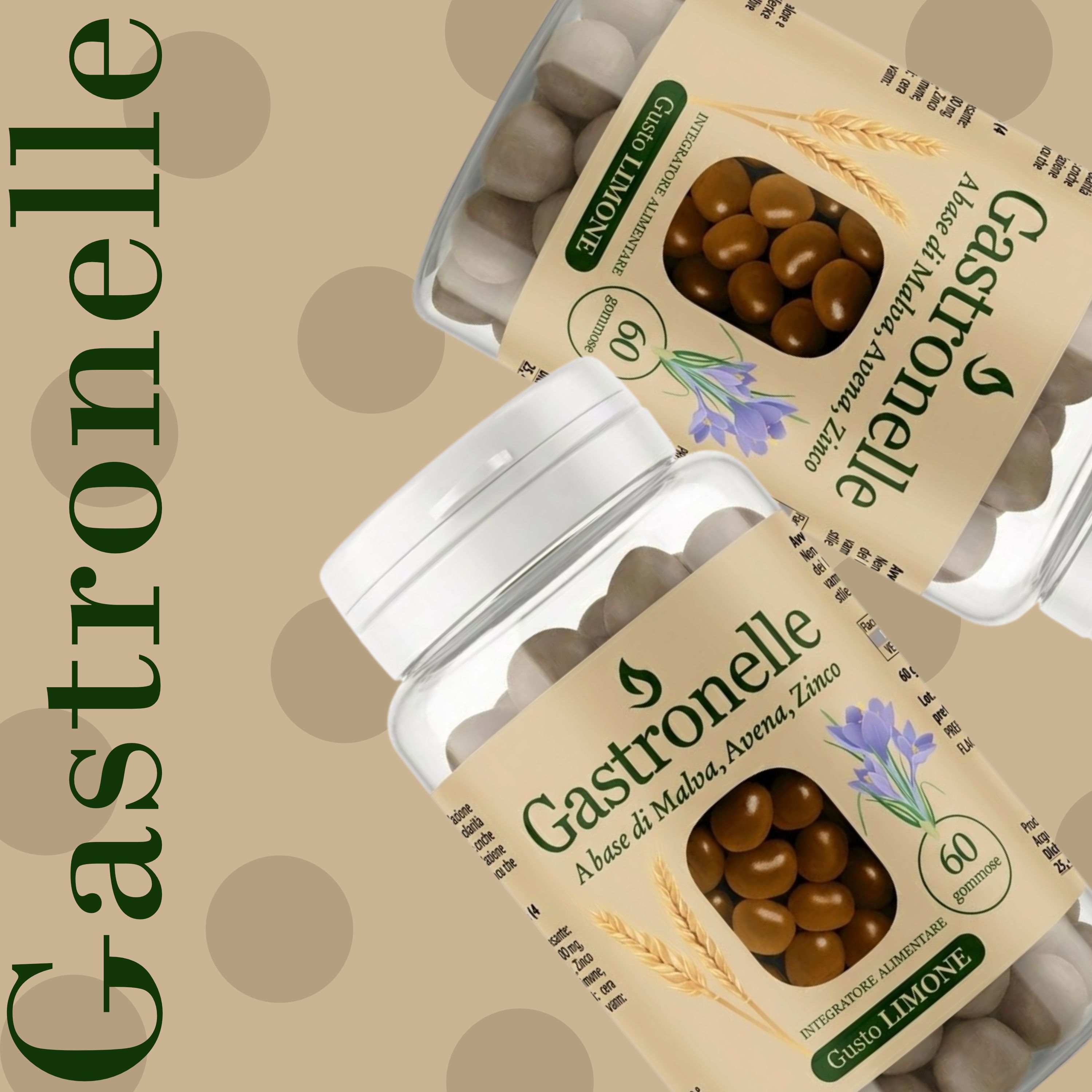 Due barattoli trasparenti con caramelle gommose marroni. Etichette con nome del prodotto e ingredienti. 60 caramelle.