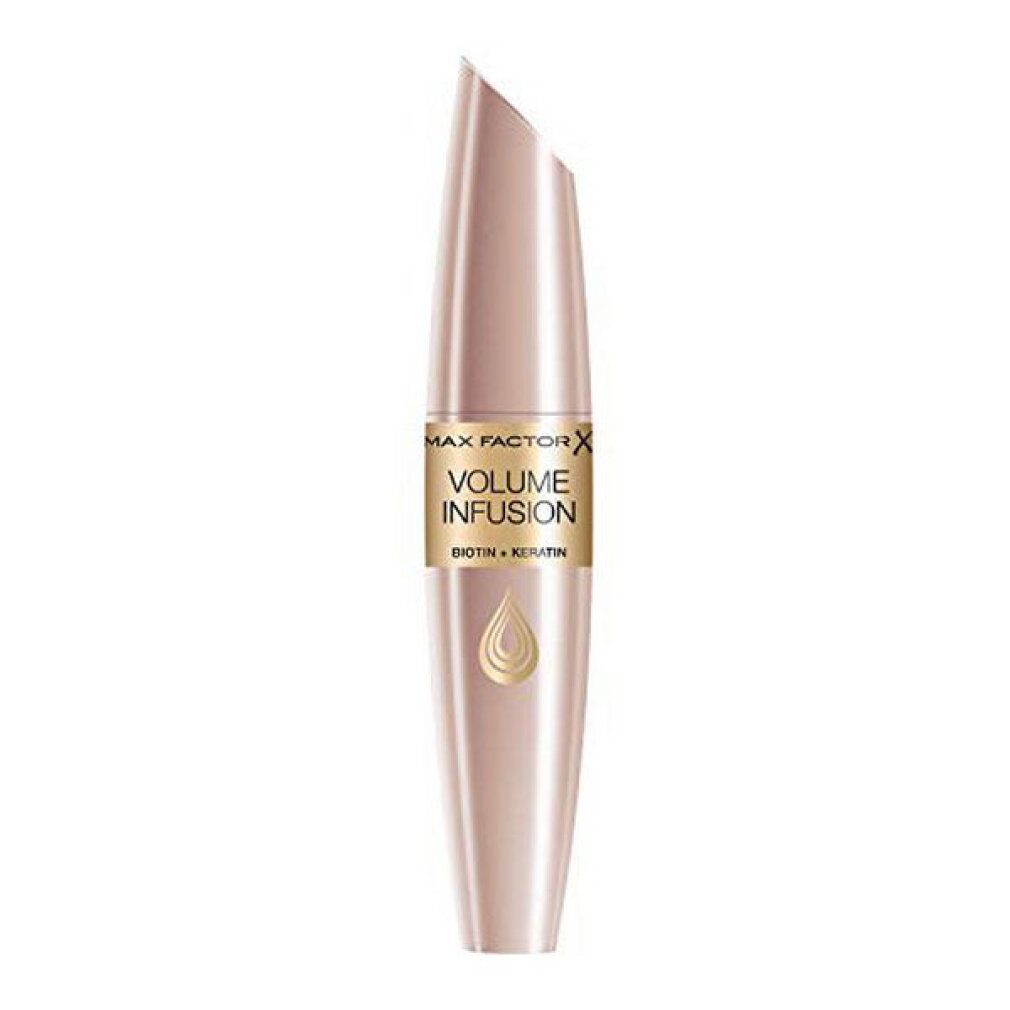 Mascara Max Factor Volume Infusion Nero. Tubo rosa con etichetta dorata. Scritta: Volume Infusion, Biotin + Keratin.