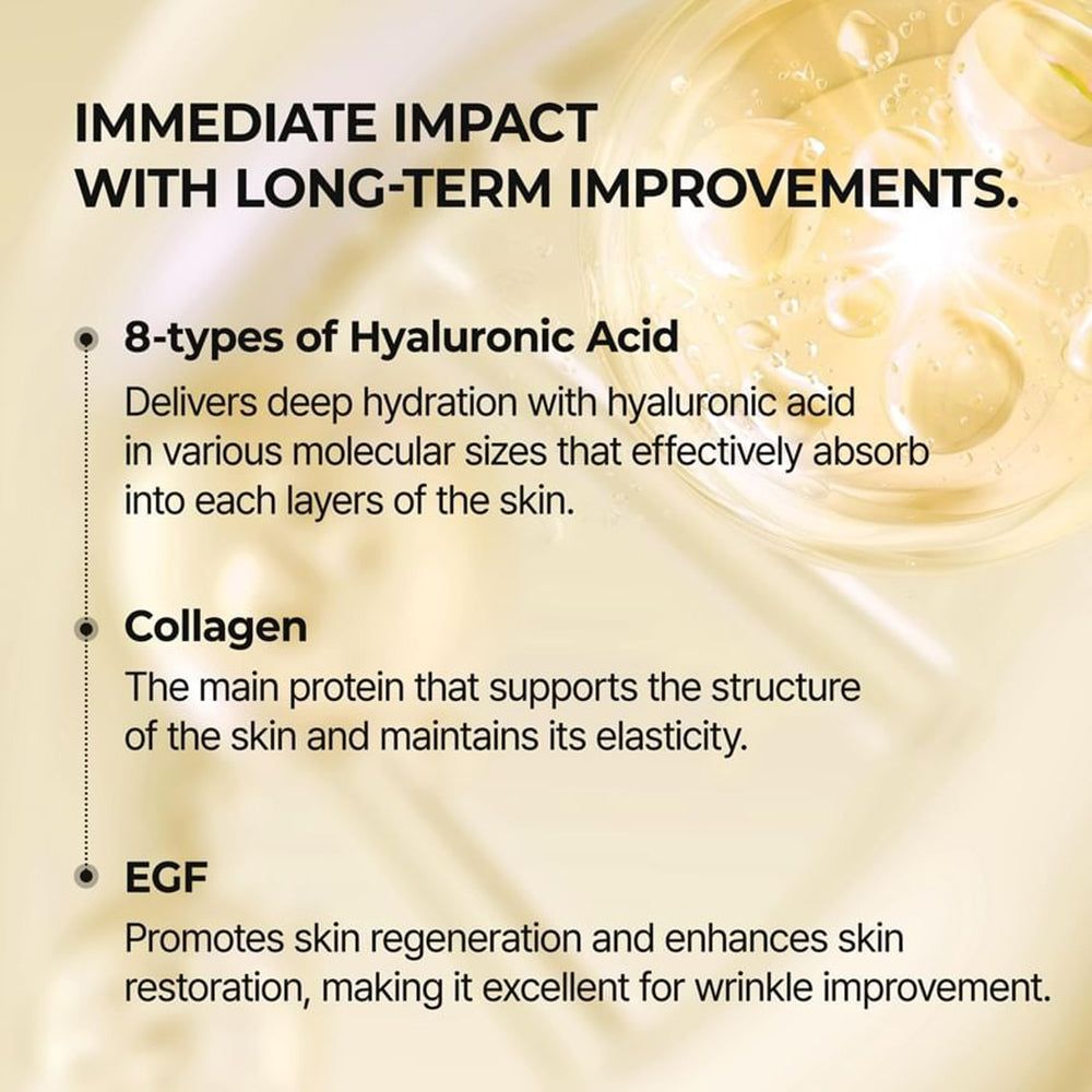 Testo con informazioni sugli ingredienti: acido ialuronico, collagene ed EGF. Sfondo con gocce gialle.