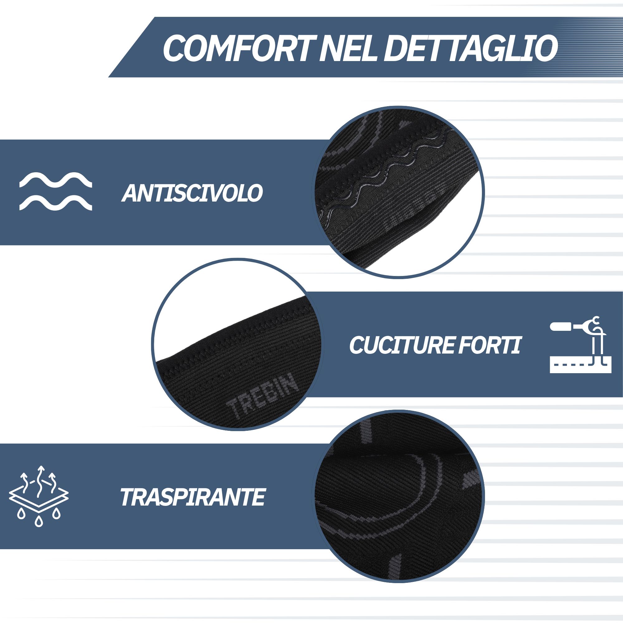 Dettagli di una ginocchiera nera: fascia antiscivolo, cuciture robuste, traspirante.