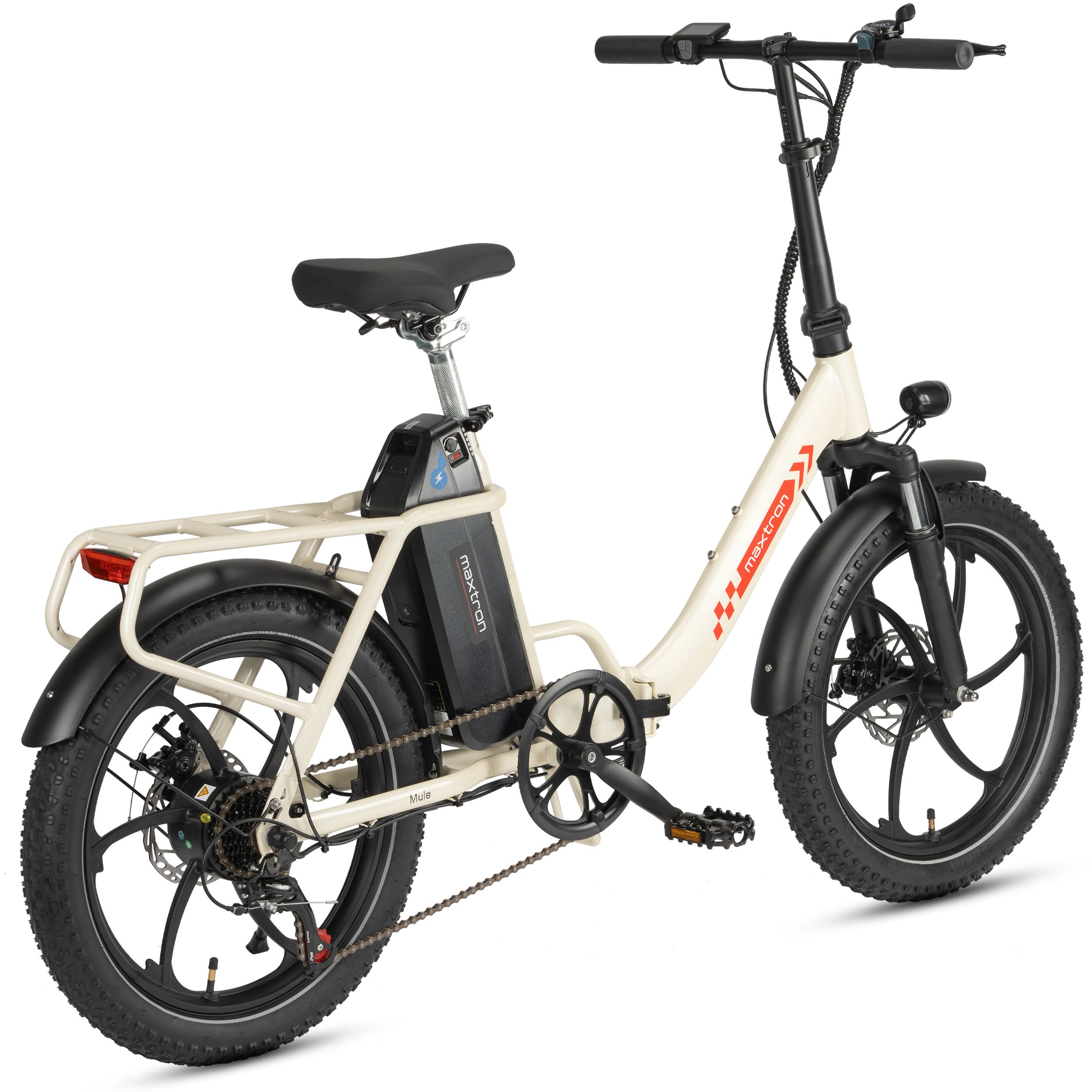 E-bike pieghevole crema, pneumatici neri, logo Maxtron. Portapacchi, batteria, faro.