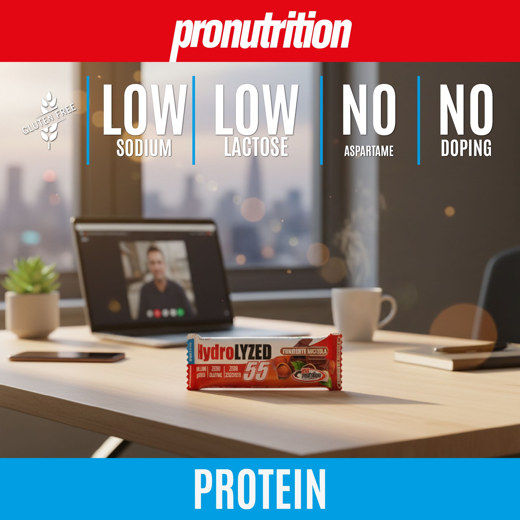 Barretta su scrivania. Scritte: LOW SODIUM, LOW LACTOSE, NO ASPARTAME, NO DOPING. Logo: Pronutrition.