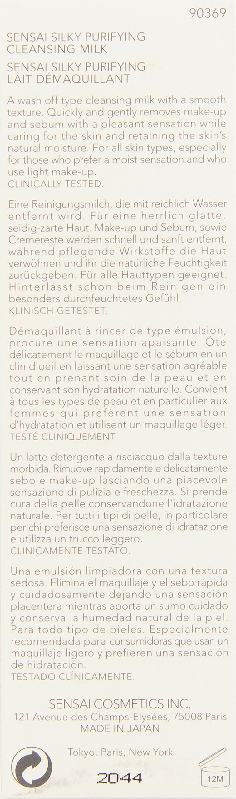 Testo: SENSAI SILKY PURIFYING CLEANSING MILK. Descrizione prodotto in tedesco, francese, italiano, spagnolo.
