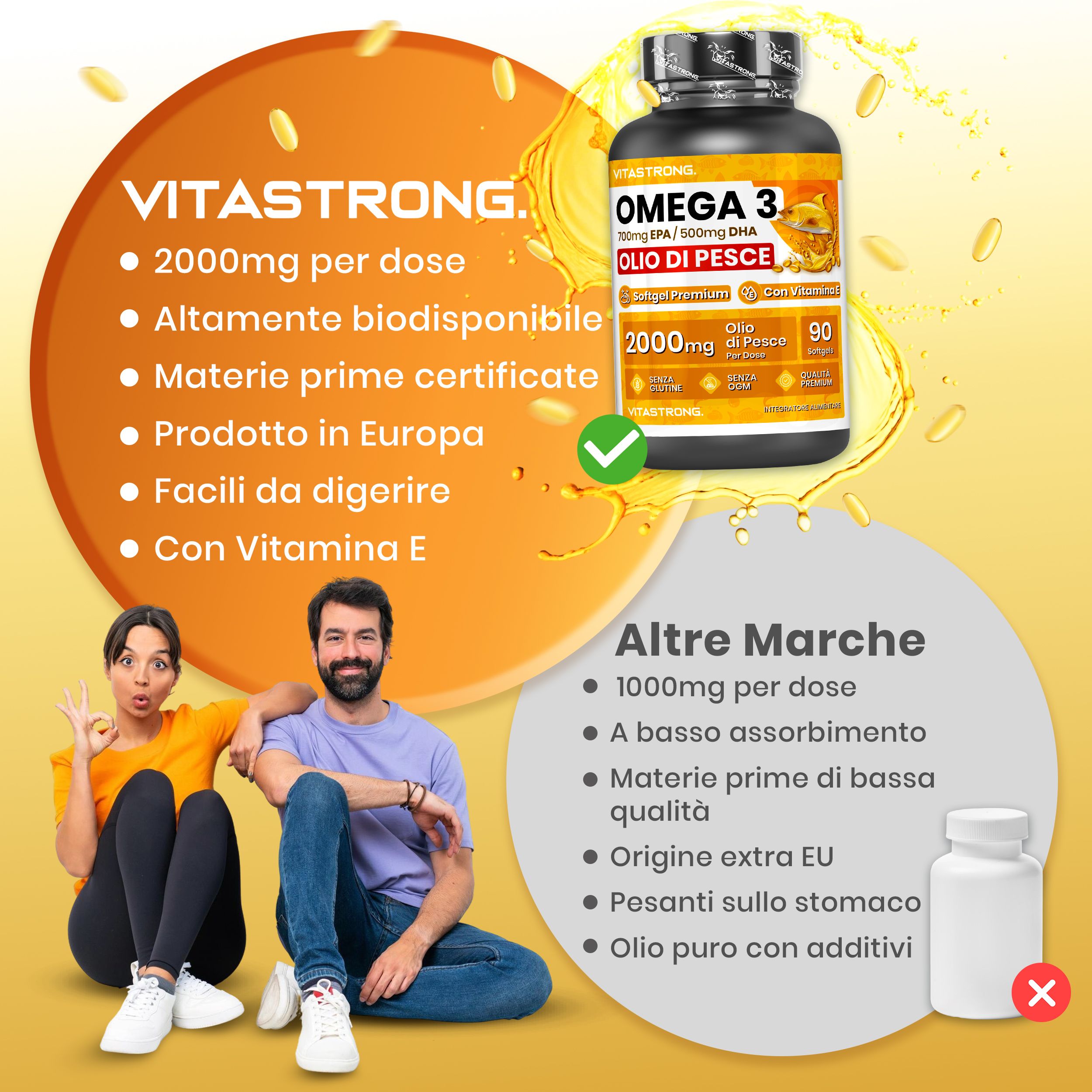 Vitastrong Omega-3 ad Alto Dosaggio – EPA + DHA puri
