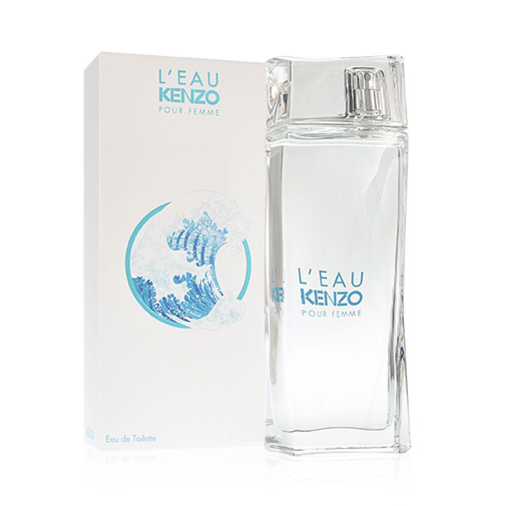 Kenzo L'Eau Pour Femme Edt Spray. Flacone e confezione. Flacone rettangolare con vaporizzatore. Confezione con motivo a onda e nome del prodotto.