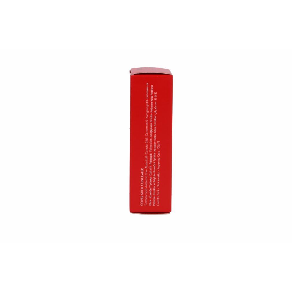 Confezione rossa, vista laterale. Testo in bianco. "COVER STICK CONCEALER" visibile. Altri testi.