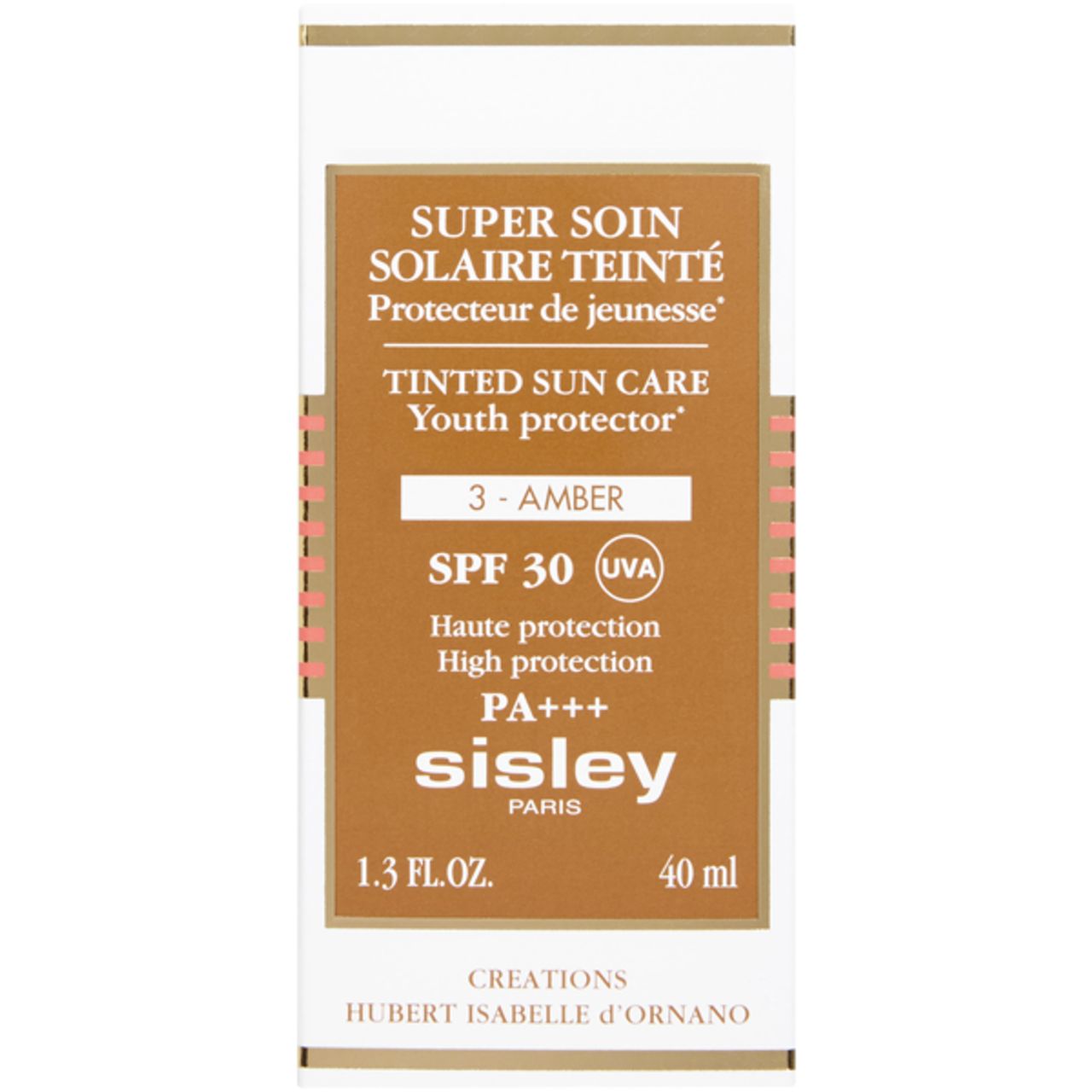 Confezione con testo. Contiene 'SUPER SOIN SOLAIRE TEINTE' e 'SPF 30'. Marchio: SISLEY.