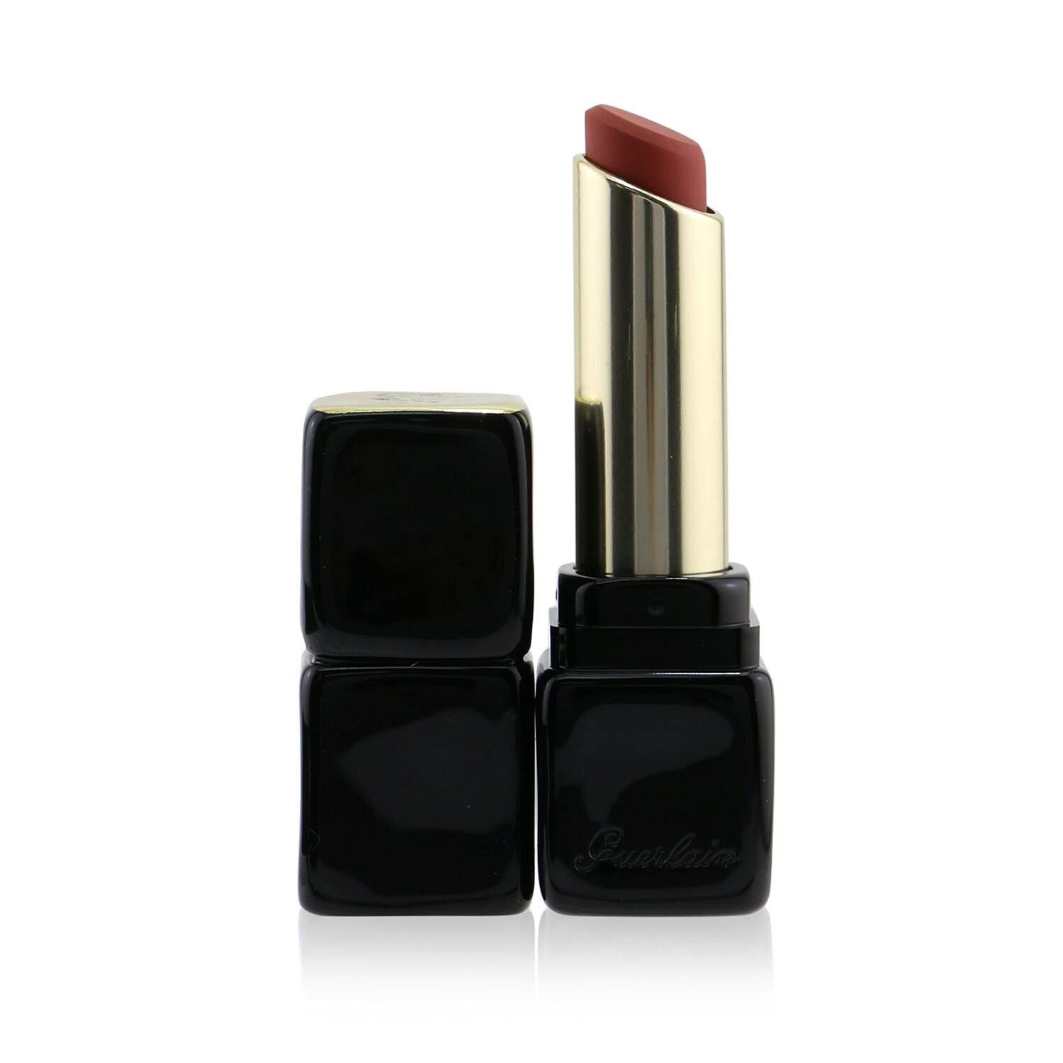 Rossetto rosso-marrone, custodia nera aperta con stelo dorato. Marchio Guerlain in basso.