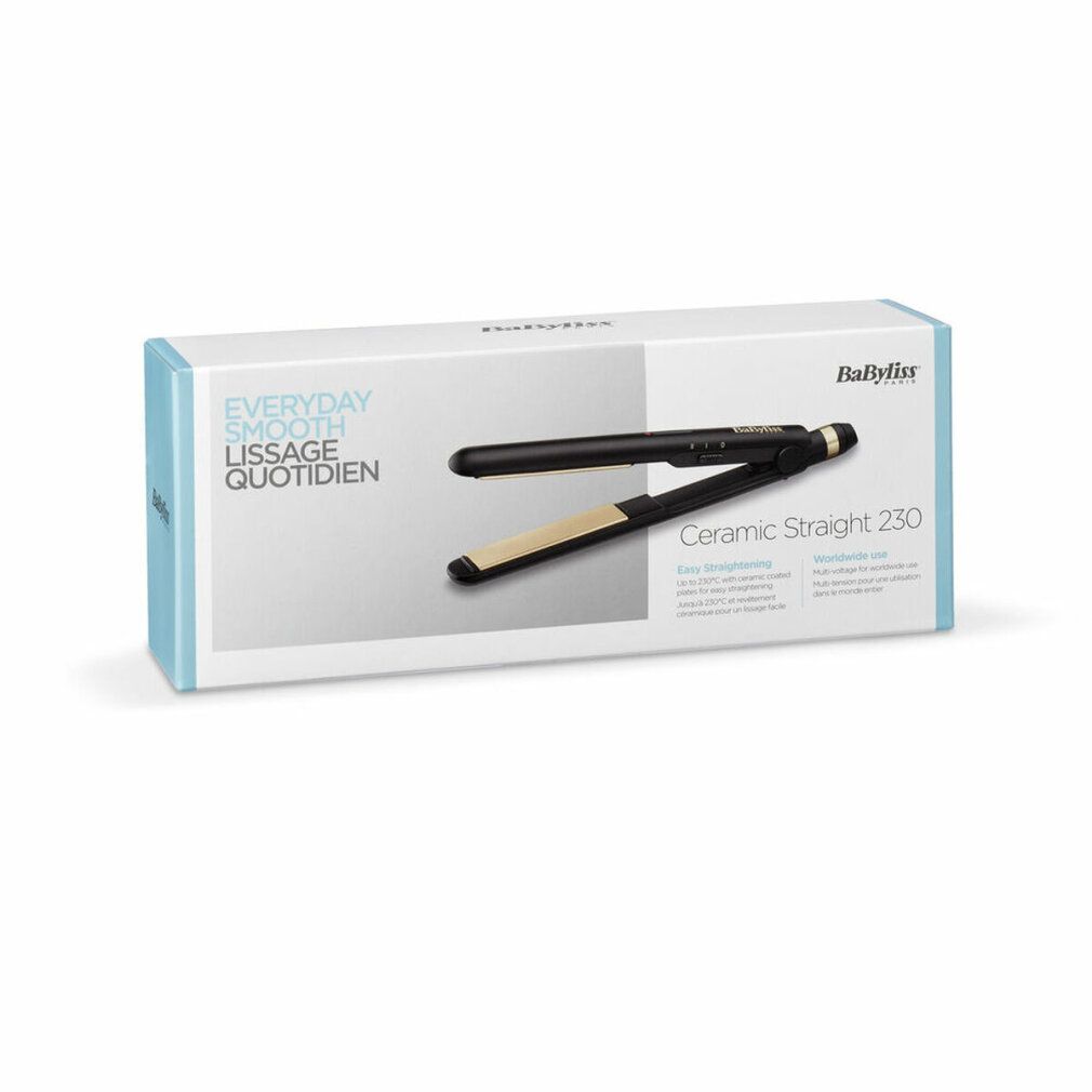 Confezione per piastra per capelli. Scritta: Everyday Smooth, Ceramic Straight 230. Marchio Babyliss.