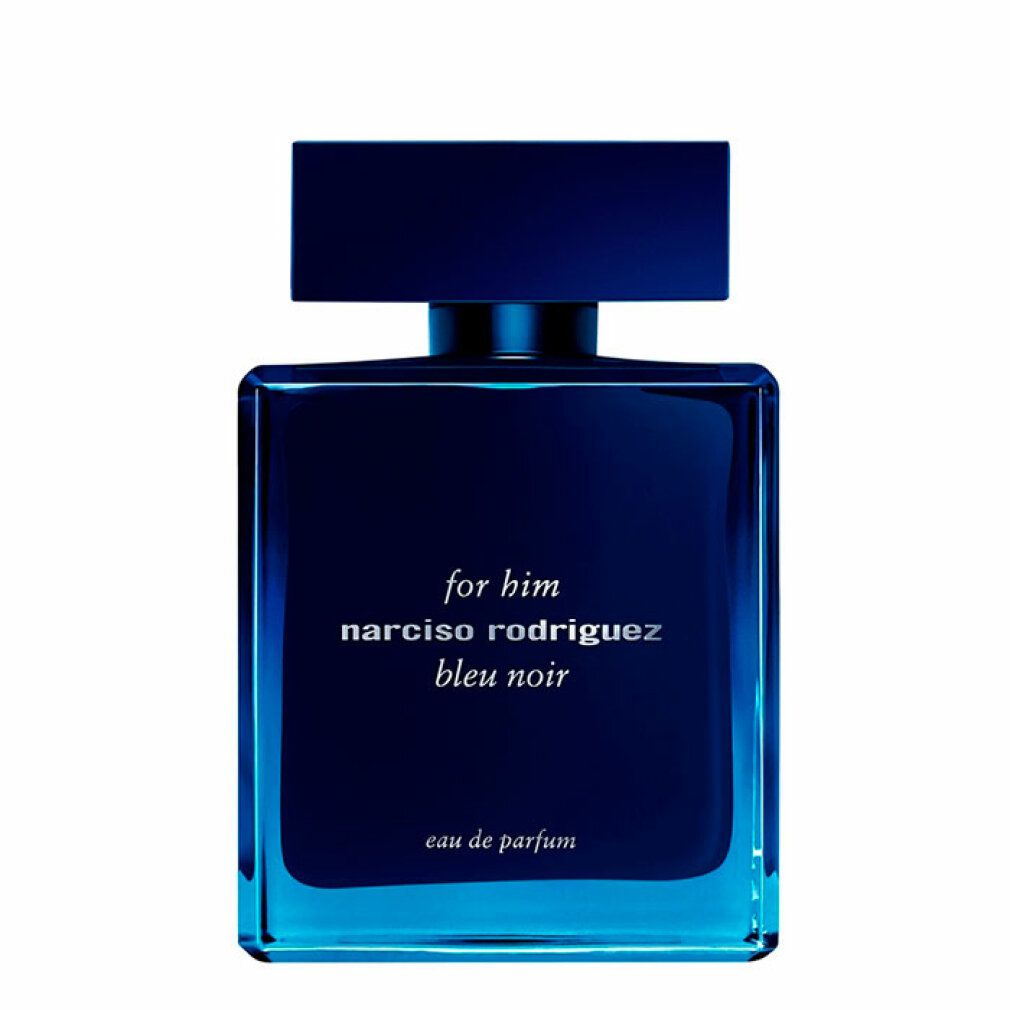 Flacone in vetro blu scuro con tappo nero. Scritta: For Him, Narciso Rodriguez, Bleu Noir. Eau de parfum.